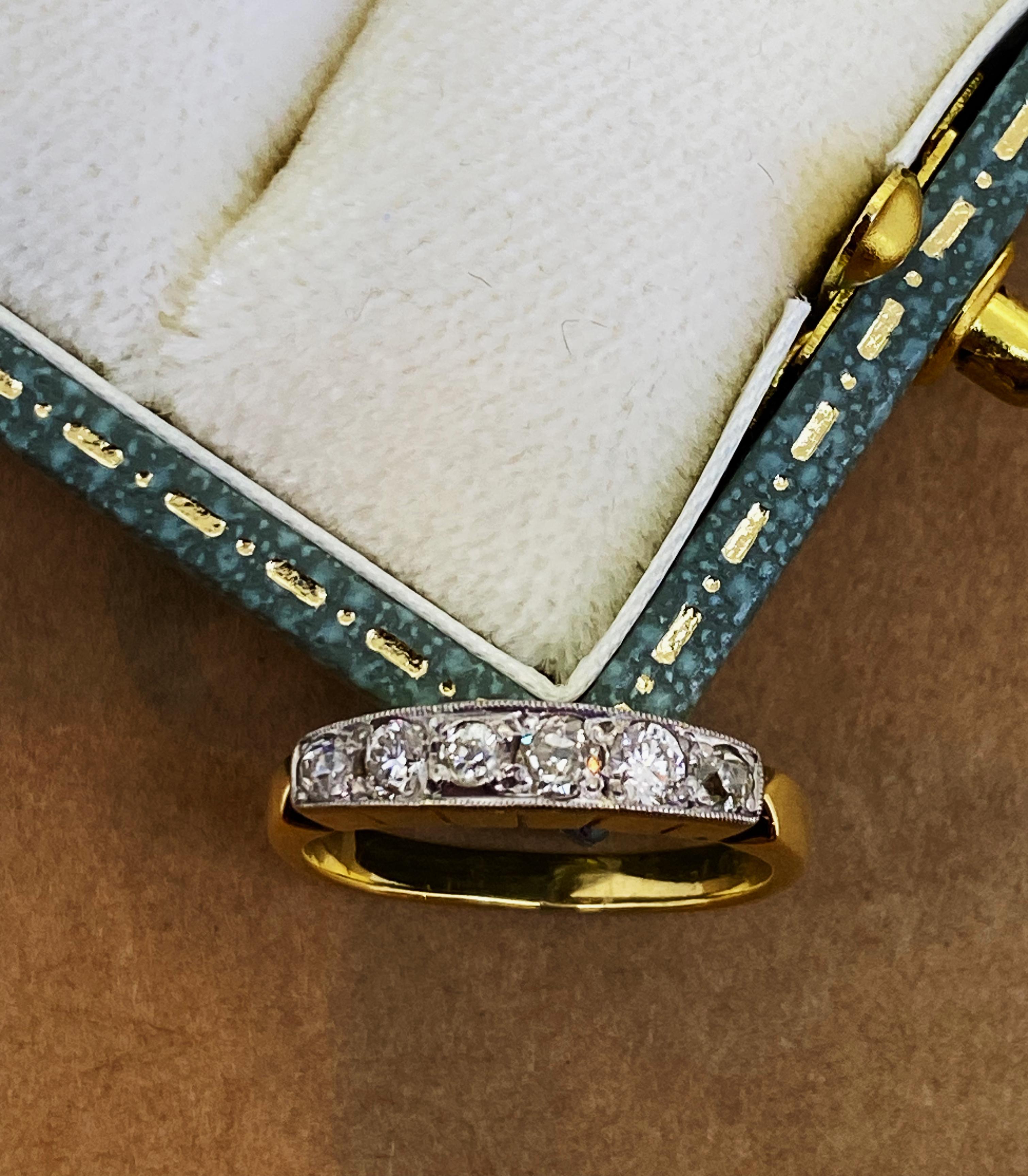 Bague demi-cercle Art-Déco en or jaune 18 carats avec six diamants taille ancienne (1,10 carat) Pour femmes en vente