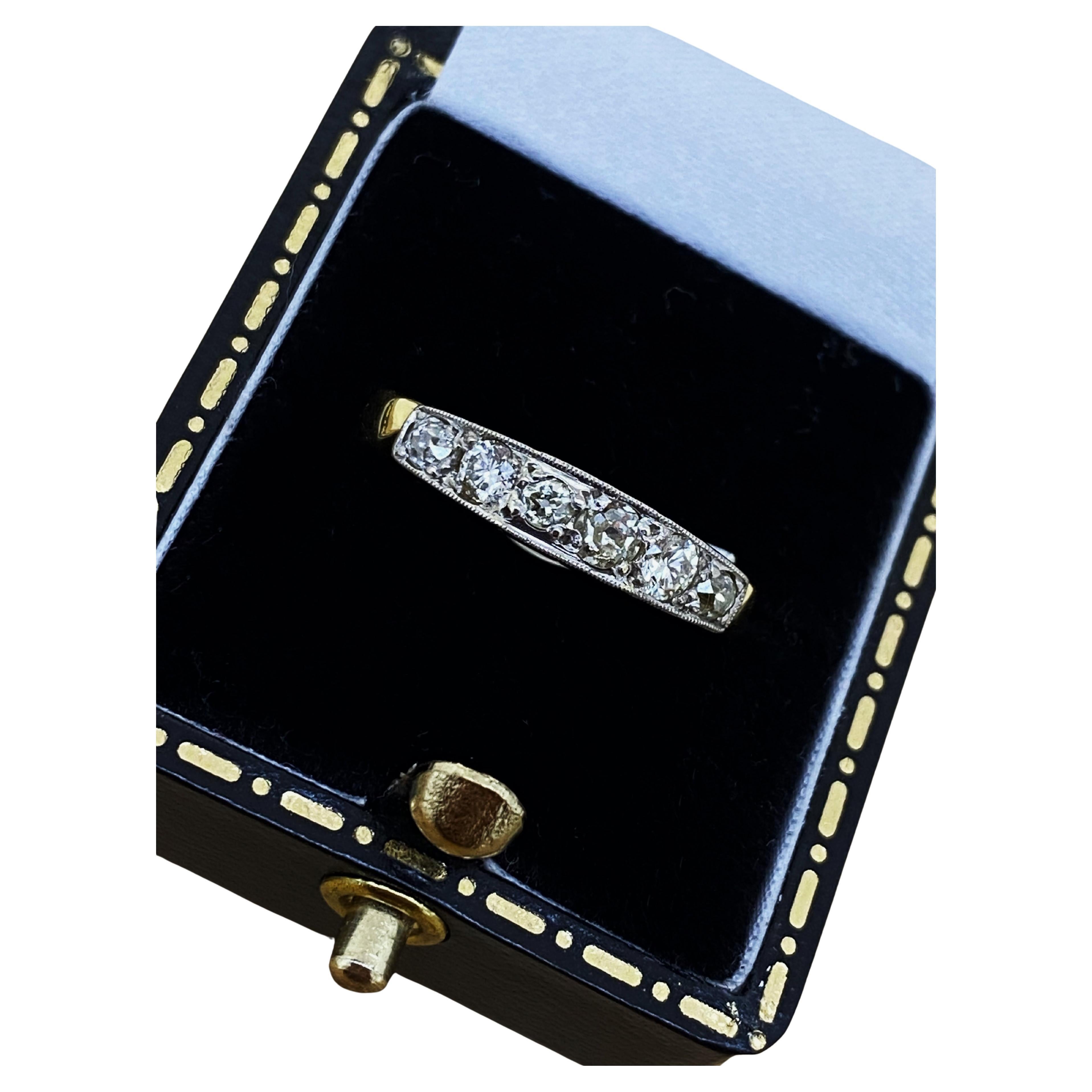 Art-Deco Six Stone Old Cut Diamond (1.10ct) Half-Hoop Ring in 18K Yellow Gold