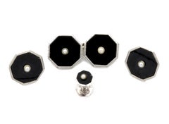 Art Deco 9 Kt White Gold Onyx and Pearl Cufflink and Button Tuxedo Dress Set