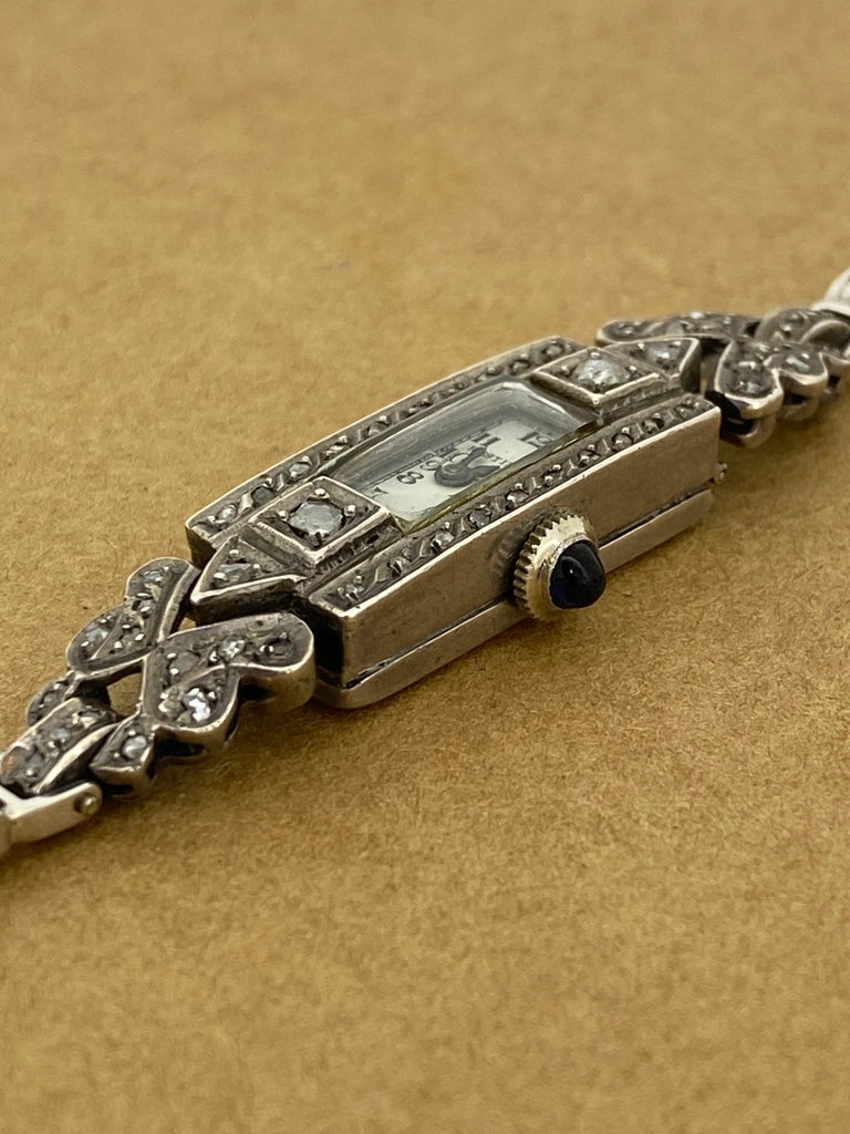 An Art-Deco 9K Gold, Silver, Marcasite Rectangle Swiss Ladies