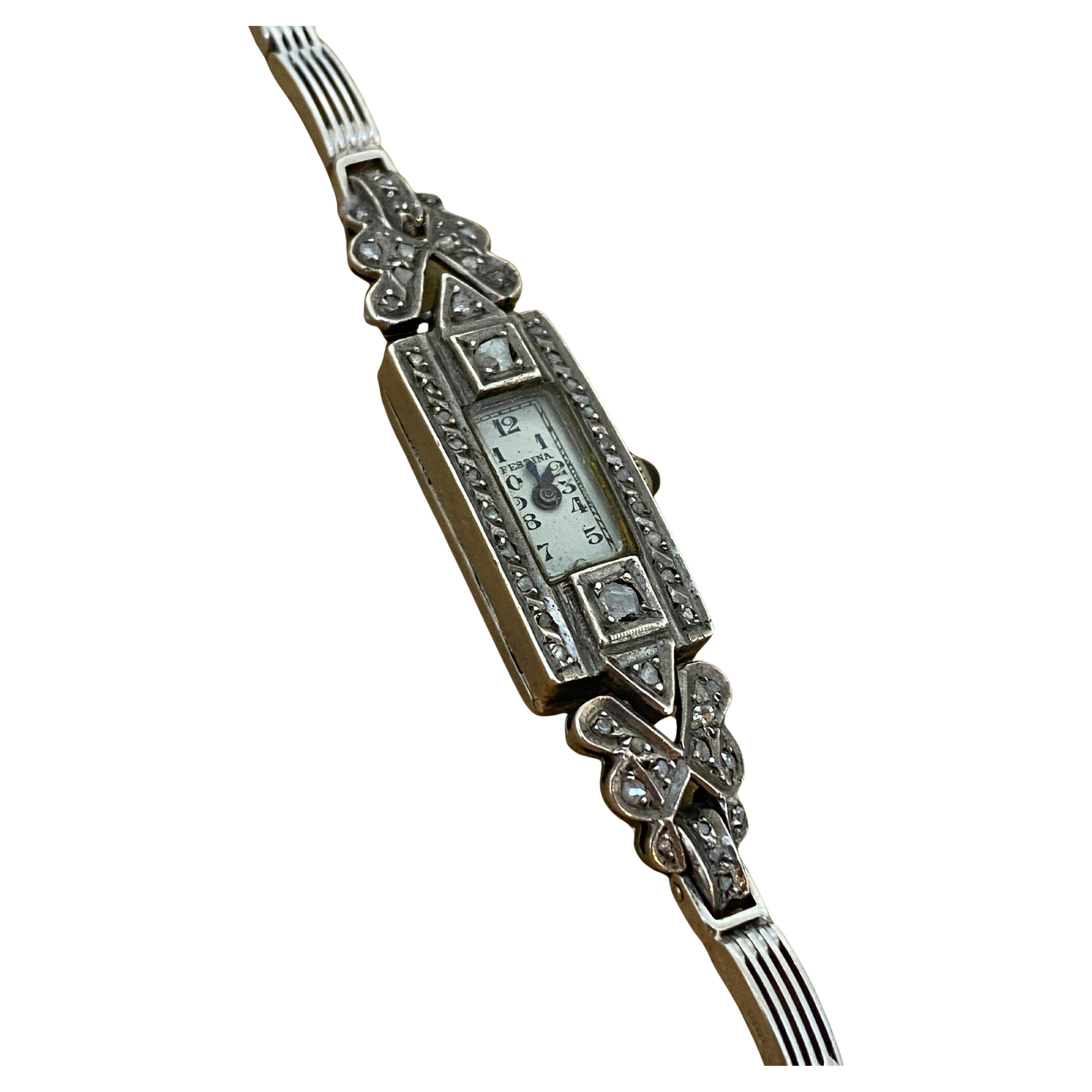 Montre de cocktail Art-Déco en or 9K, argent, marcassite rectangulaire suisse pour dames