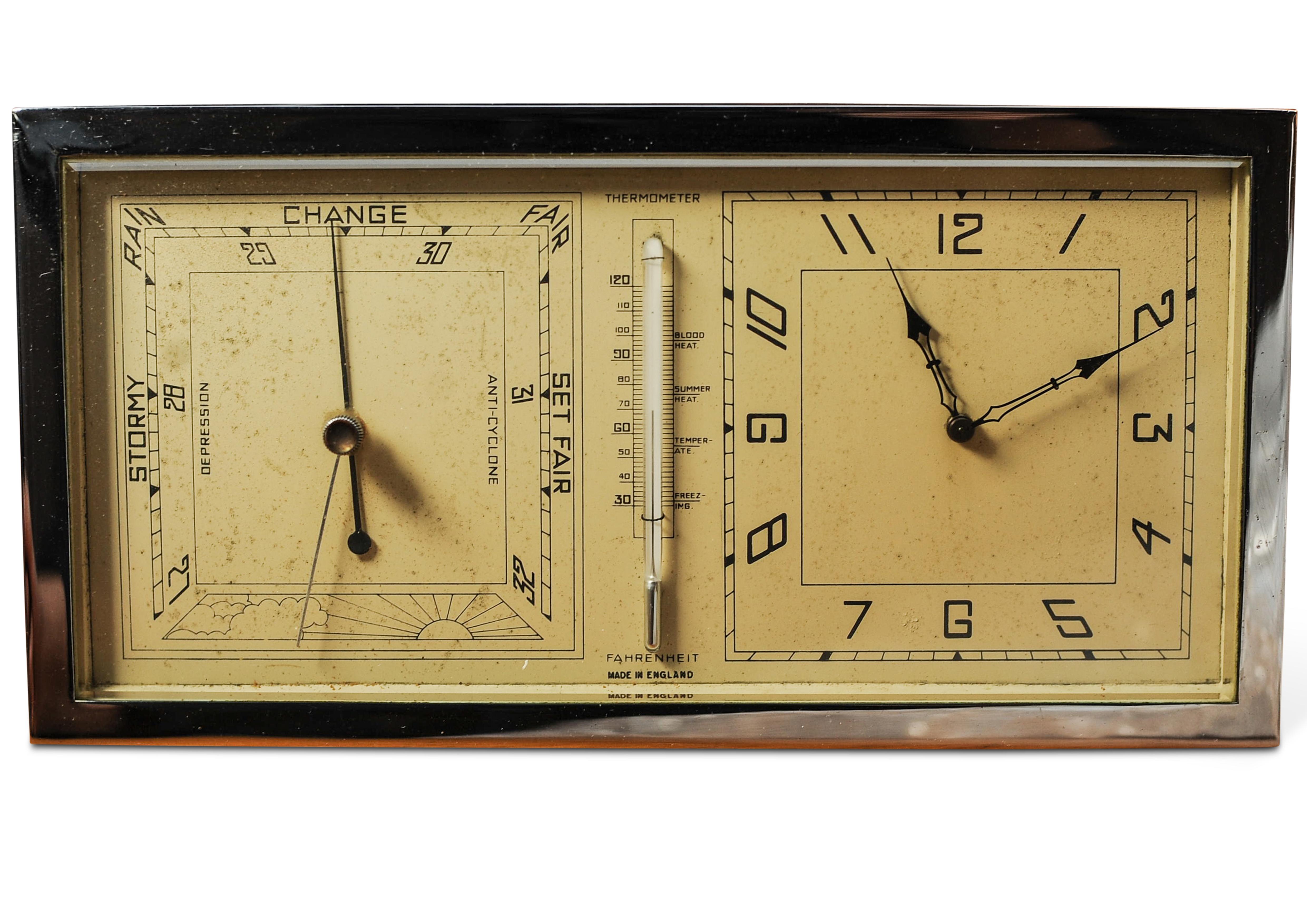 Britannique Grande horloge de bureau Art Dec chromée 8 jours avec jauge de température sur un Stand 1930s en vente