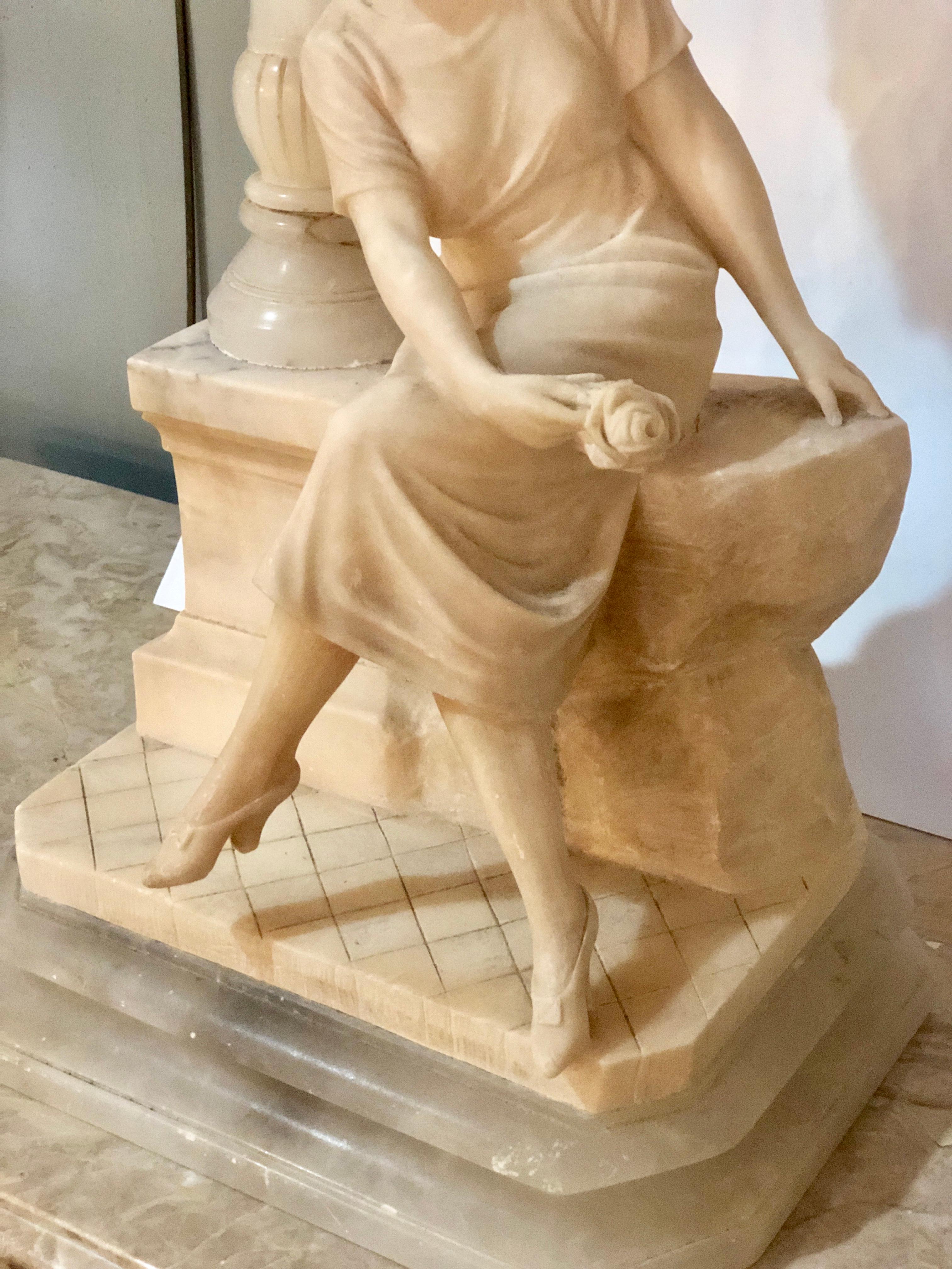 Art Deco Alabaster Domed Table Lamp Depicting a Seated Lady at a Street Lamp For Sale 3