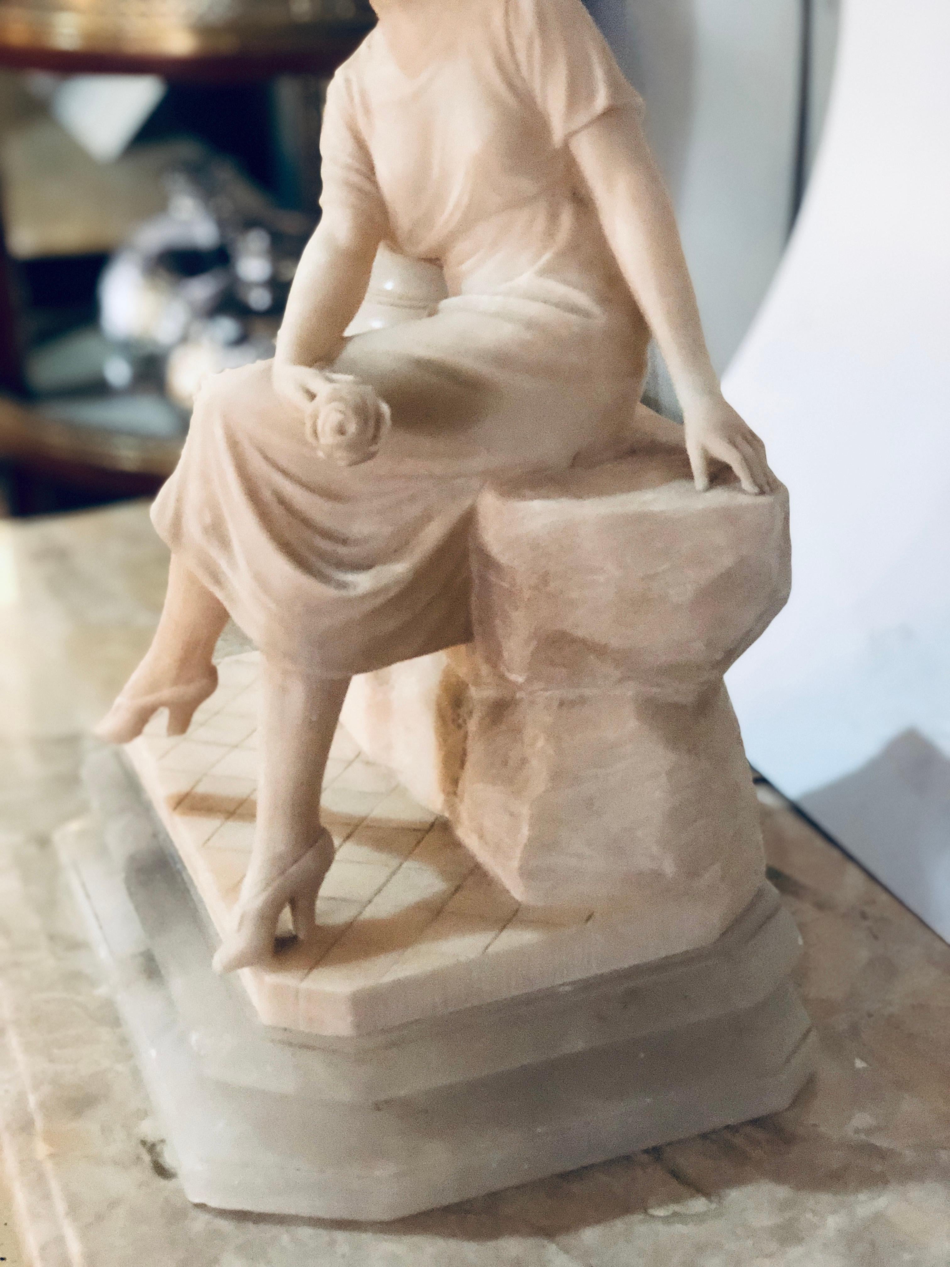 Art Deco Alabaster Domed Table Lamp Depicting a Seated Lady at a Street Lamp In Good Condition For Sale In Stamford, CT
