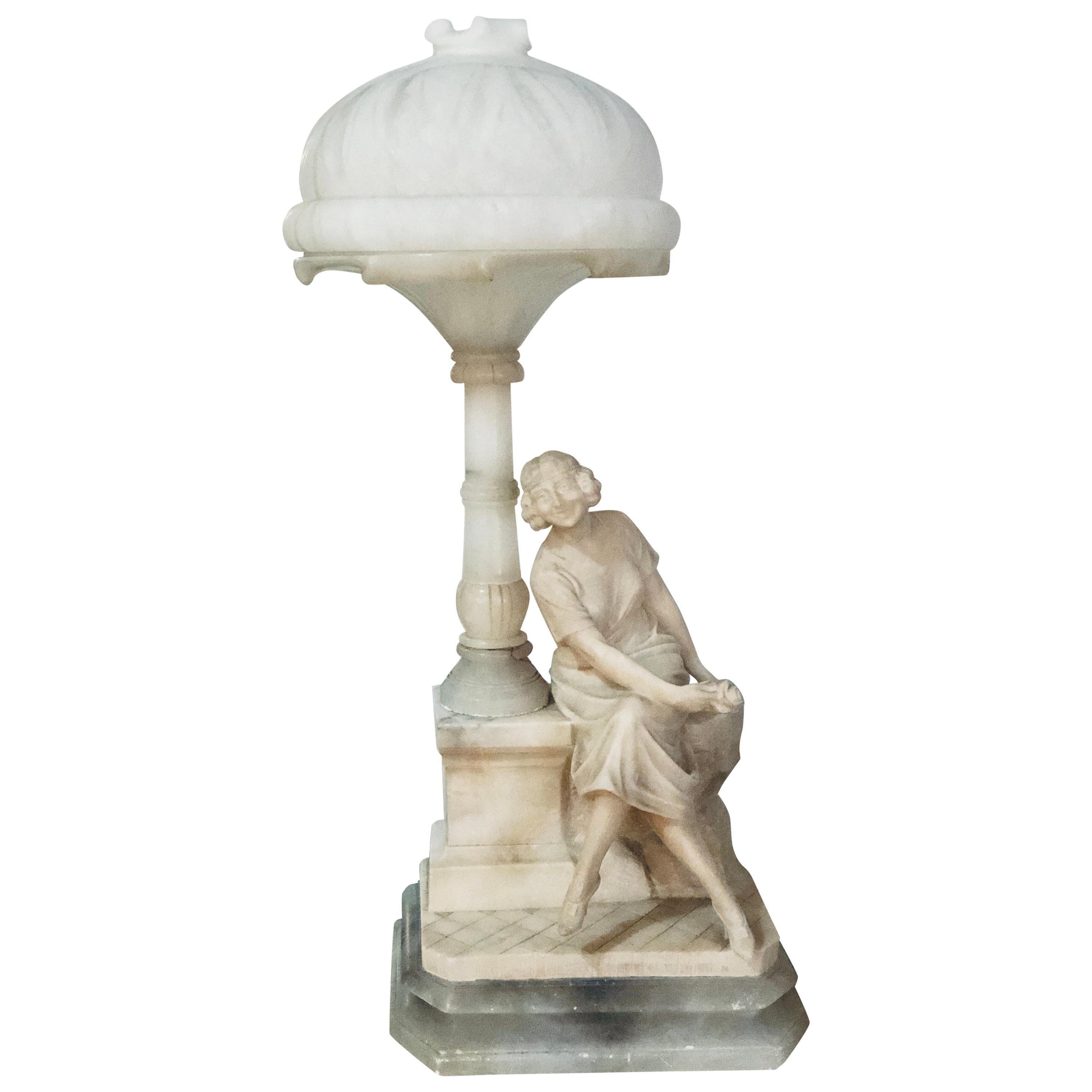 Art Deco Alabaster Domed Table Lamp Depicting a Seated Lady at a Street Lamp For Sale