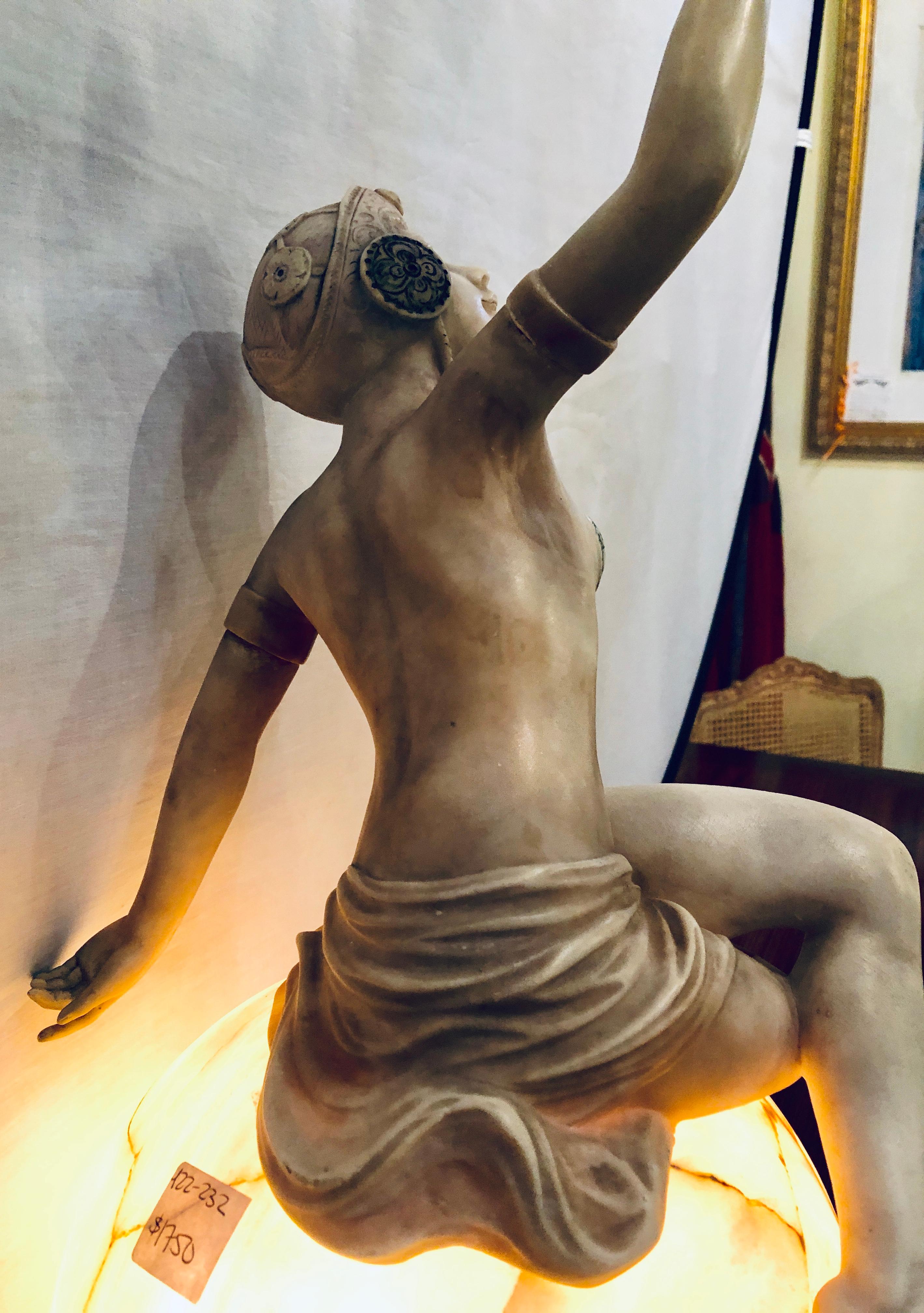 Art Deco Alabaster Lamp Can-Can Girl on Top of the World In Fair Condition In Stamford, CT