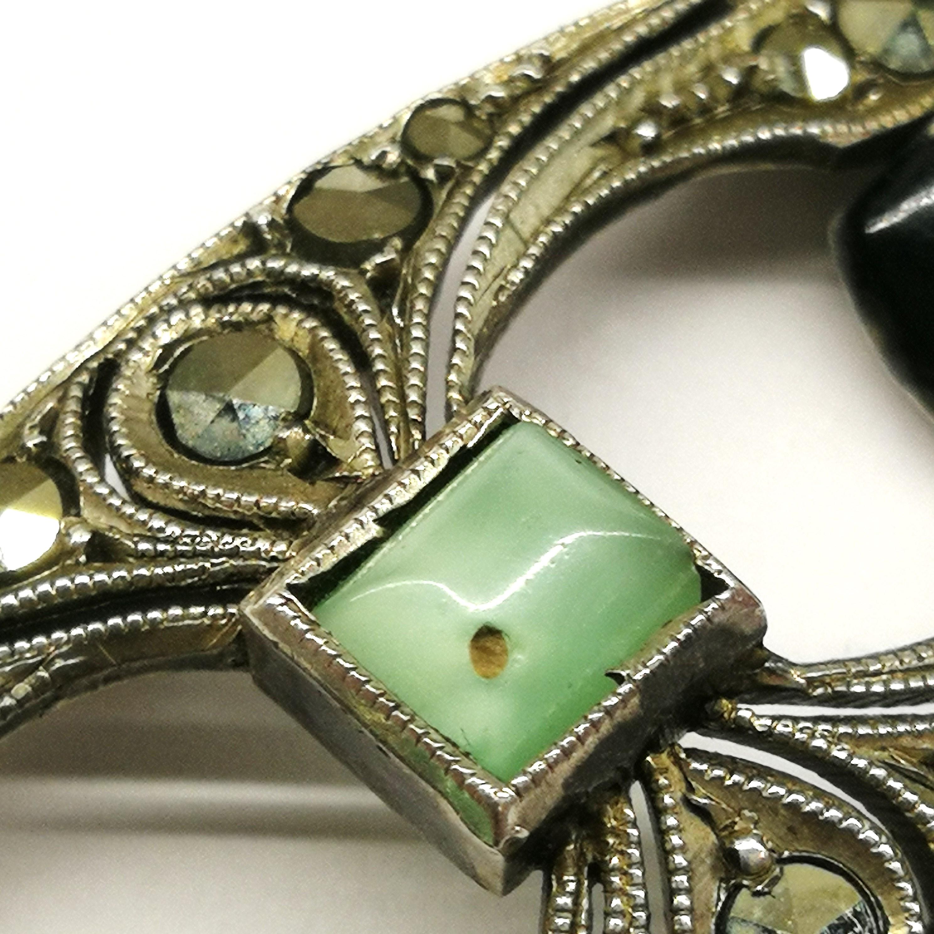 An Art Deco amazonite, sterling silver, enamel and marcasite bracelet, 1930s 4