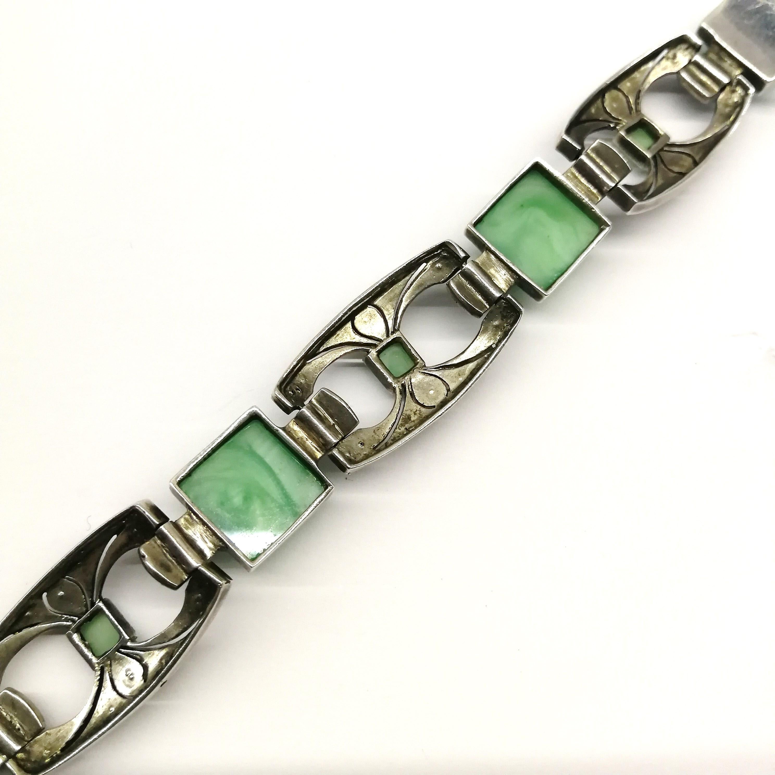An Art Deco amazonite, sterling silver, enamel and marcasite bracelet, 1930s In Good Condition In Greyabbey, County Down