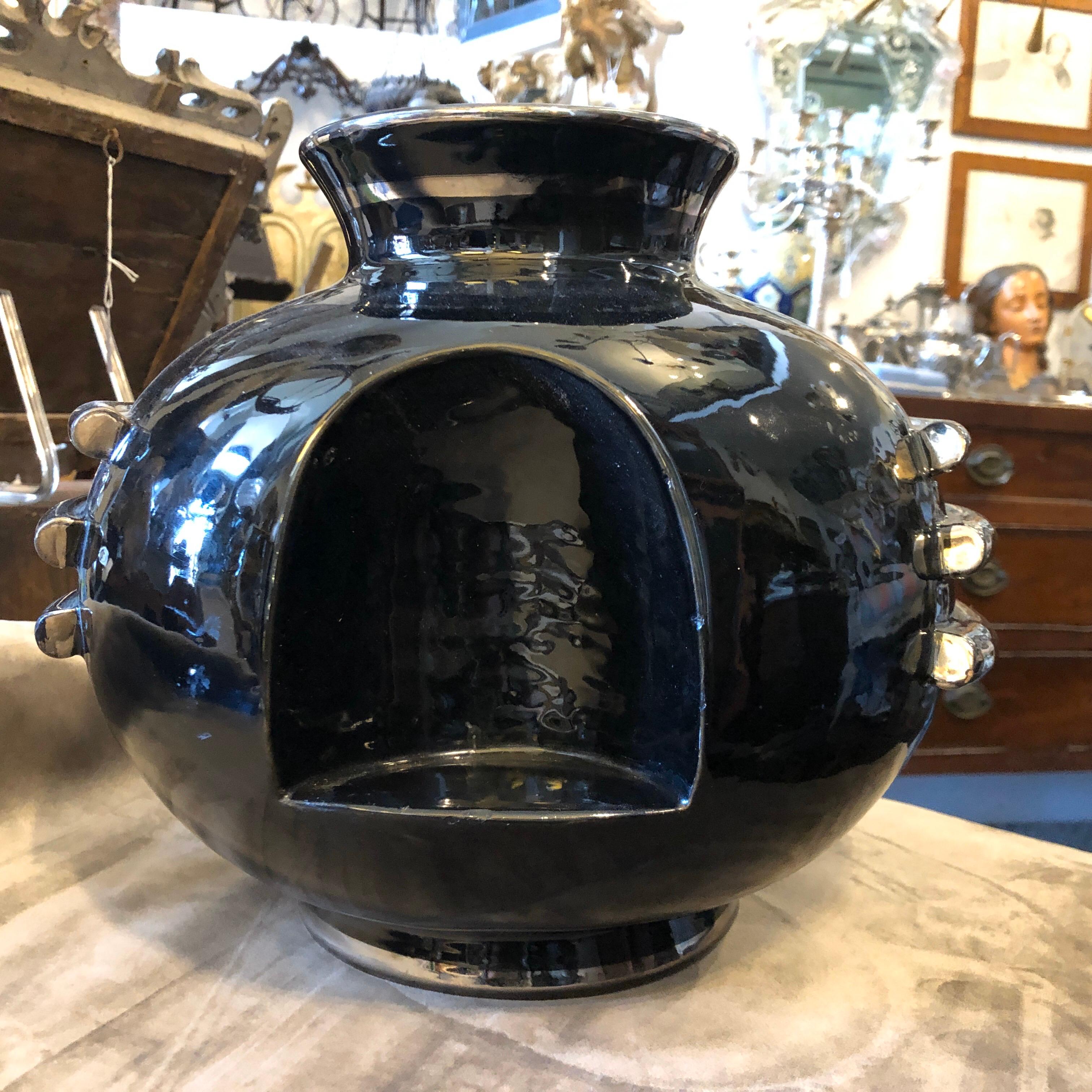 An Art Deco Black and Silver Ceramic Italian Vase by Deruta, circa 1930 7