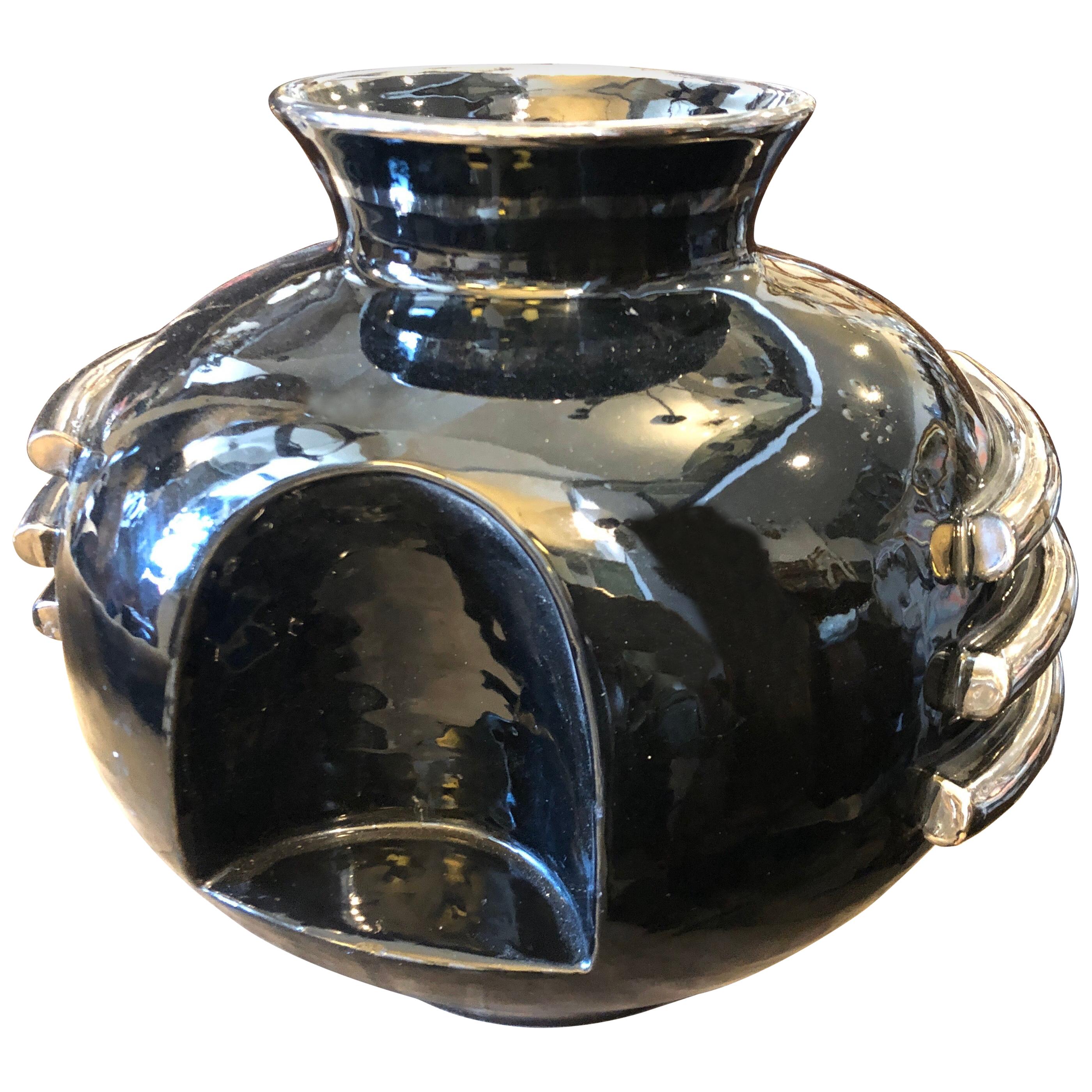 An Art Deco Black and Silver Ceramic Italian Vase by Deruta, circa 1930