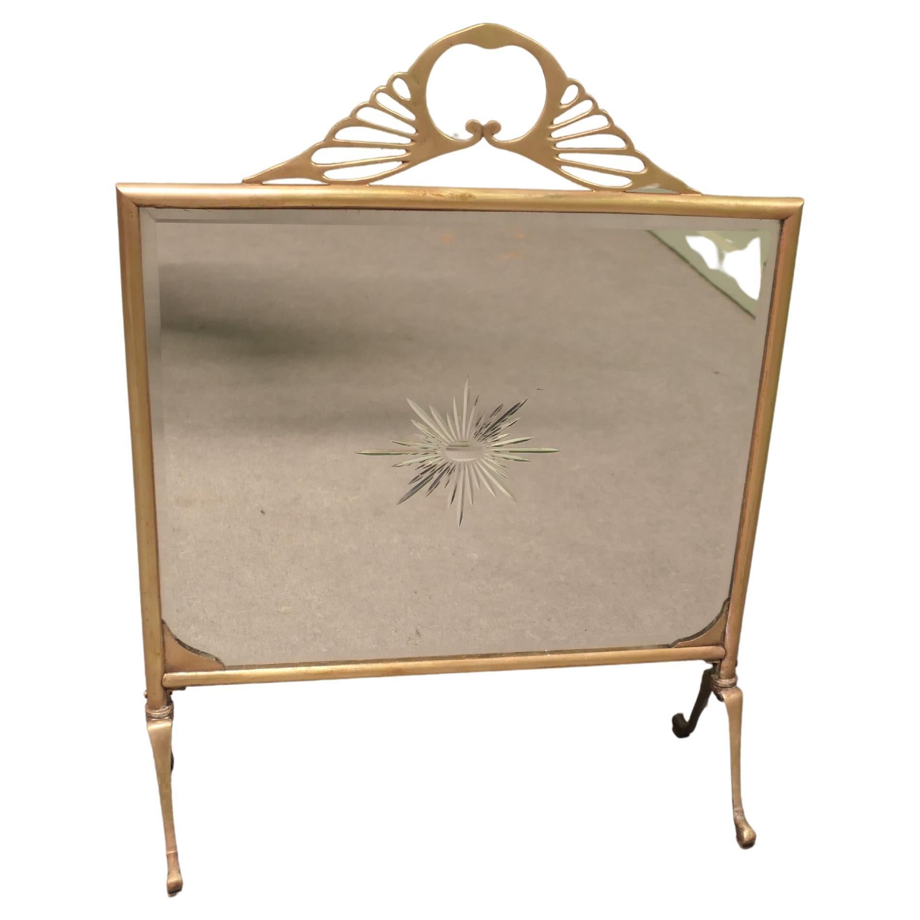 Parafuoco Art Deco in ottone e specchio a raggiera