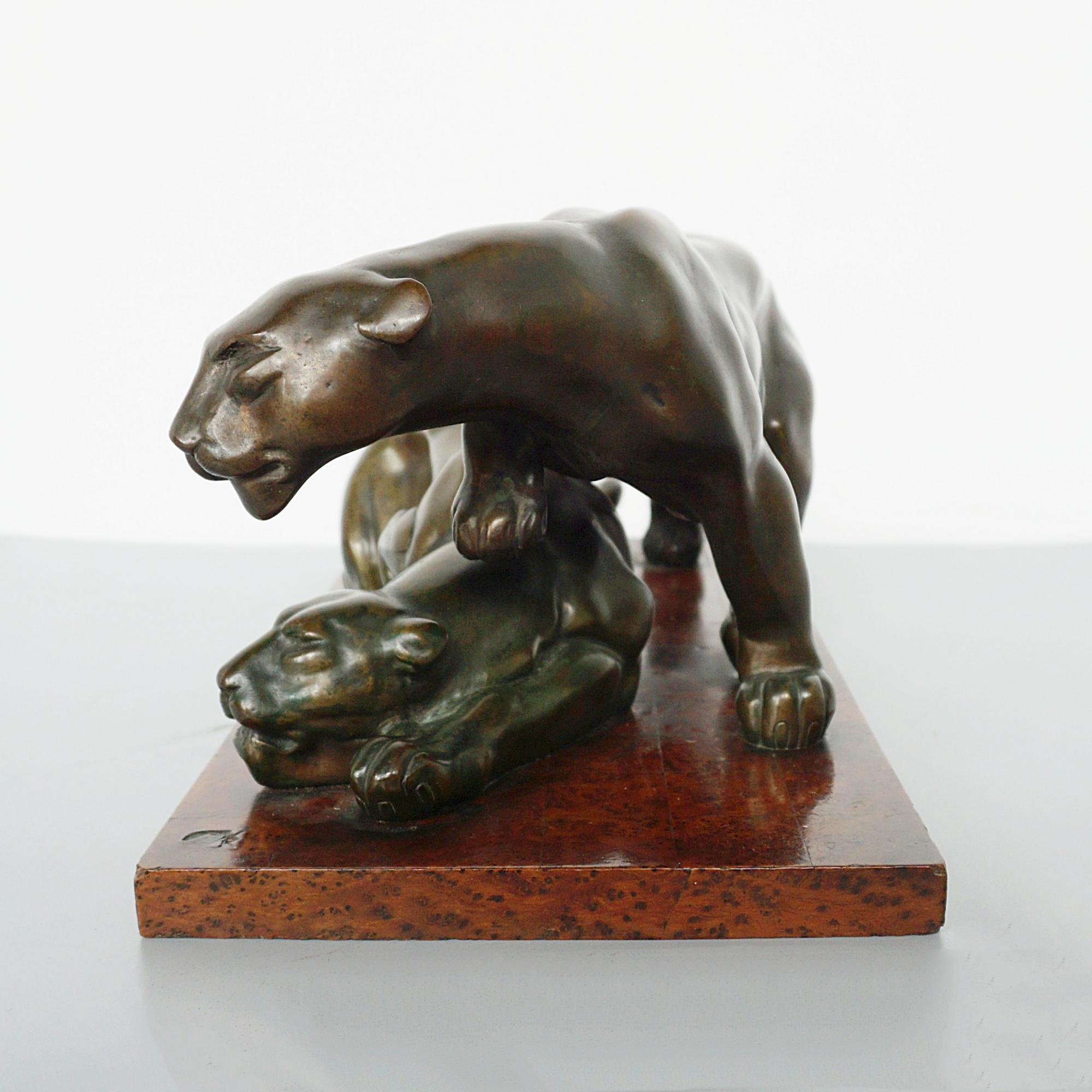 French An Art Deco Bronze Sculpture Group Depicting Two Prowling Panthers