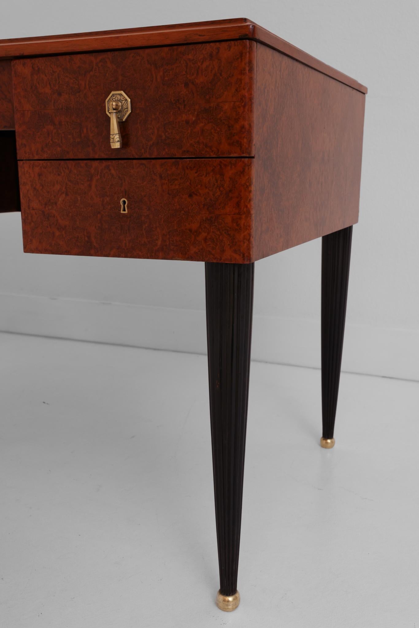 Art Deco Burlwood Desk with Fluted Legs and Brass Details 5