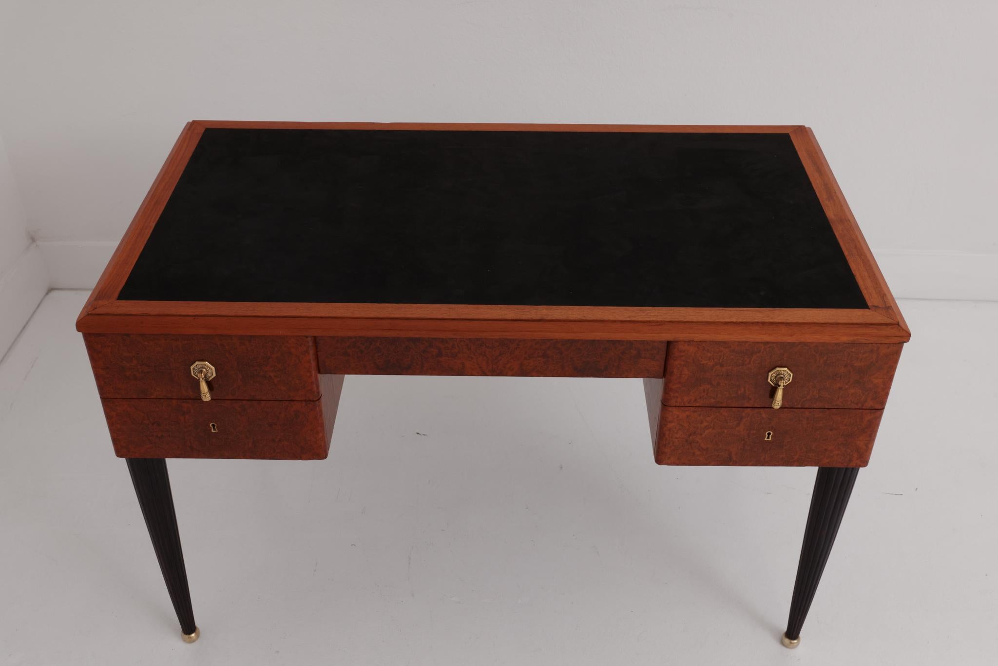Art Deco Burlwood Desk with Fluted Legs and Brass Details 8