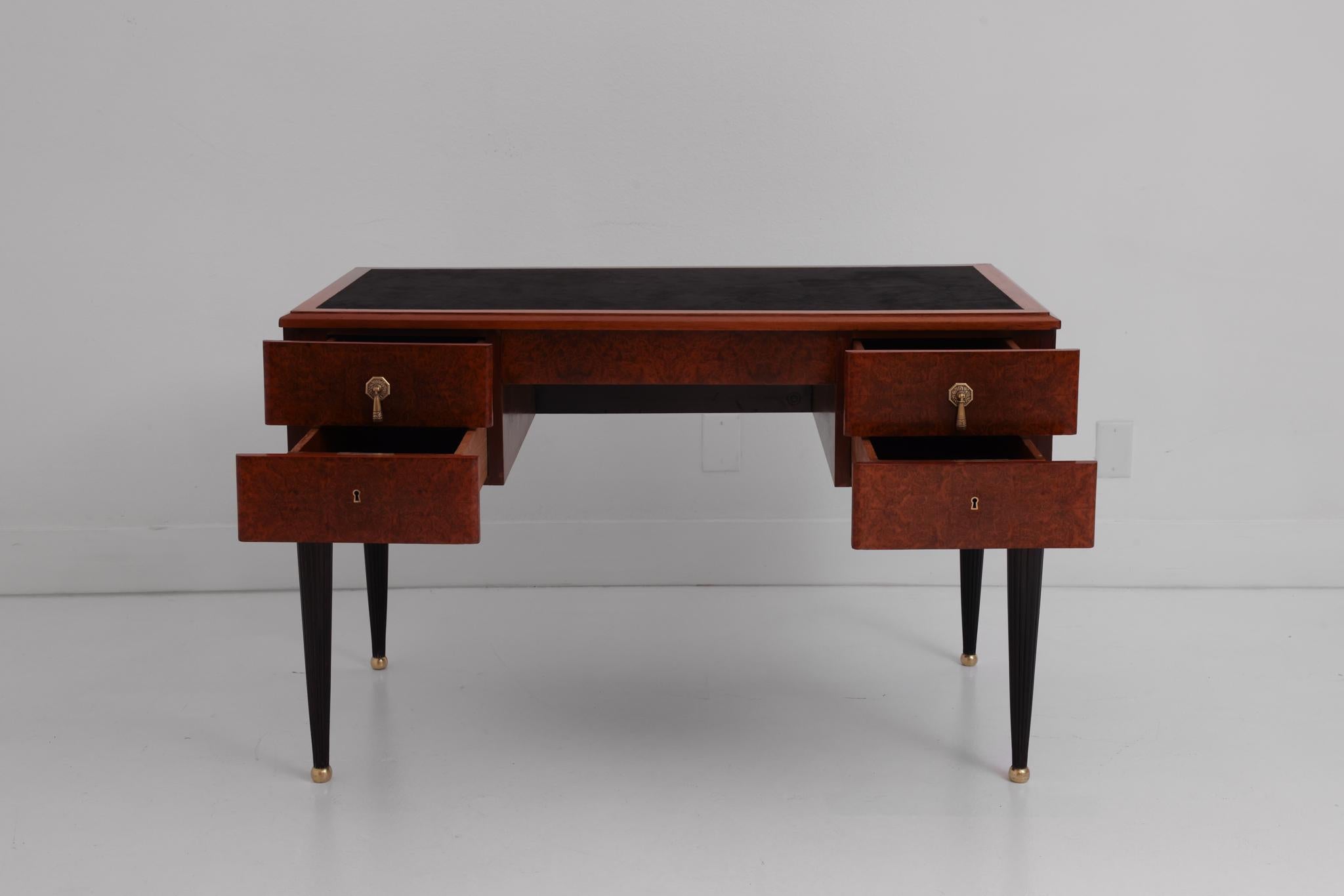 Polished Art Deco Burlwood Desk with Fluted Legs and Brass Details