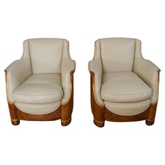 An Art Deco Burr Walnut and Cream Leather Pair of Chairs by Maurice Adams
