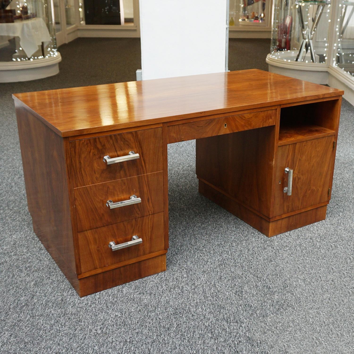 English Art Deco Burr Walnut Desk