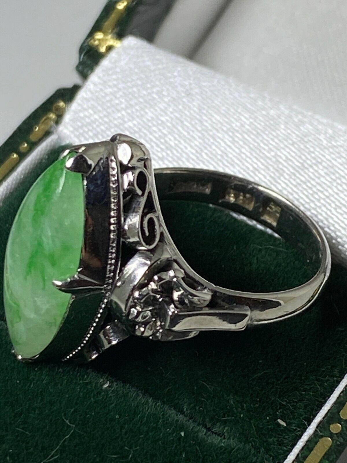 Marquise Cut An Art-Deco c1930's Natural Marquise Shaped Jadeite Ring in 18K White Gold. For Sale