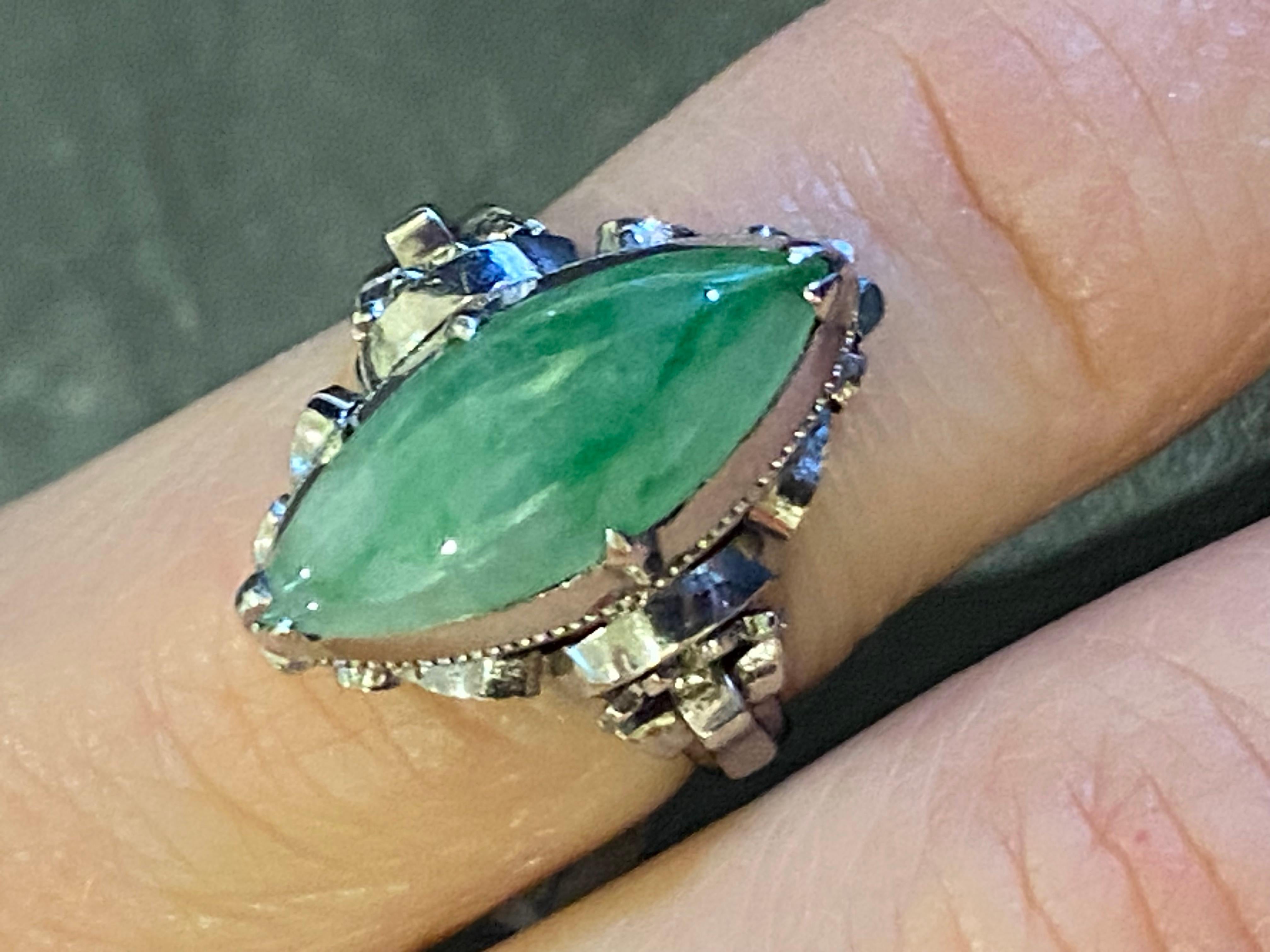 An Art-Deco c1930's Natural Marquise Shaped Jadeite Ring in 18K White Gold. For Sale 1