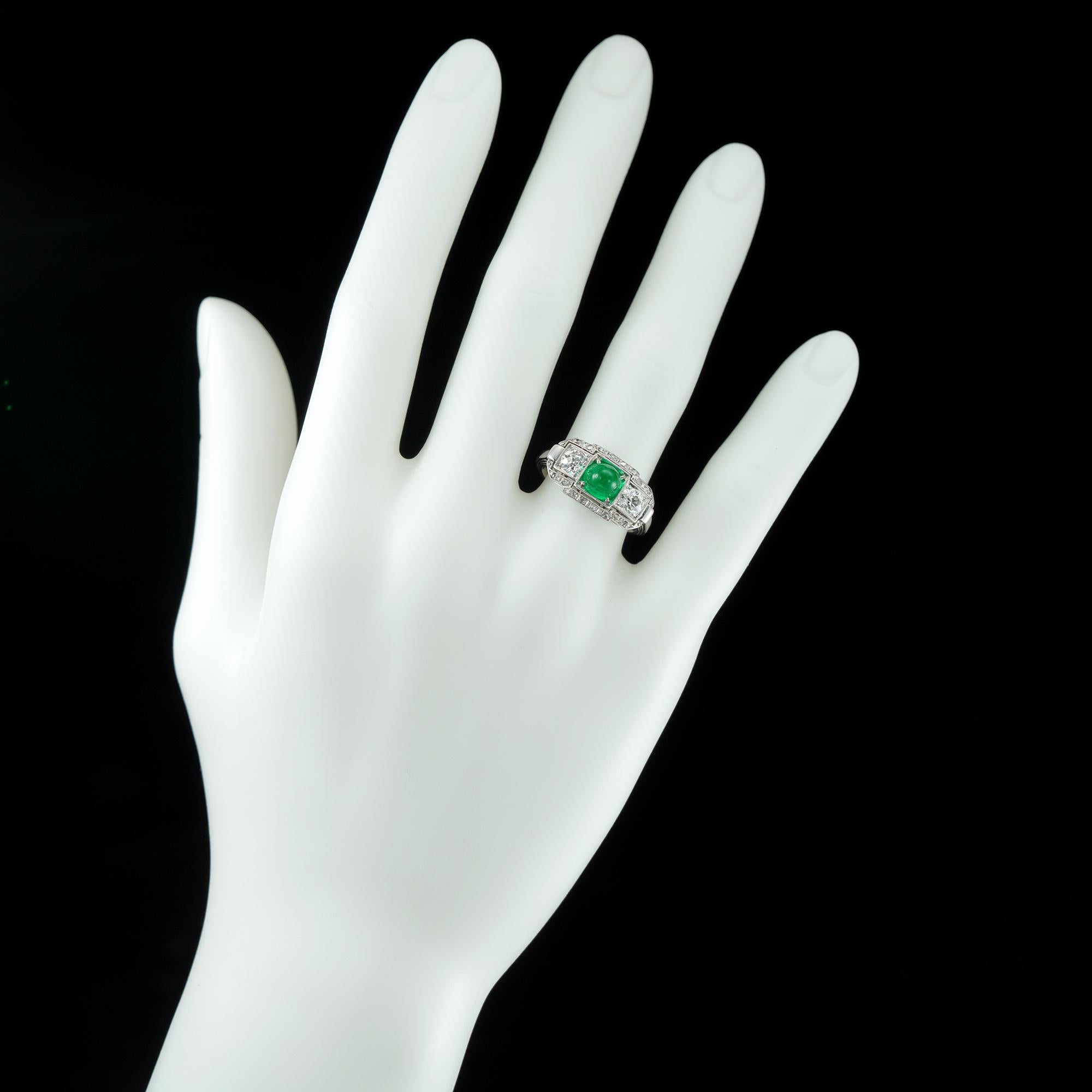 Women's or Men's Art Deco Cabochon Emerald and Diamond Ring For Sale