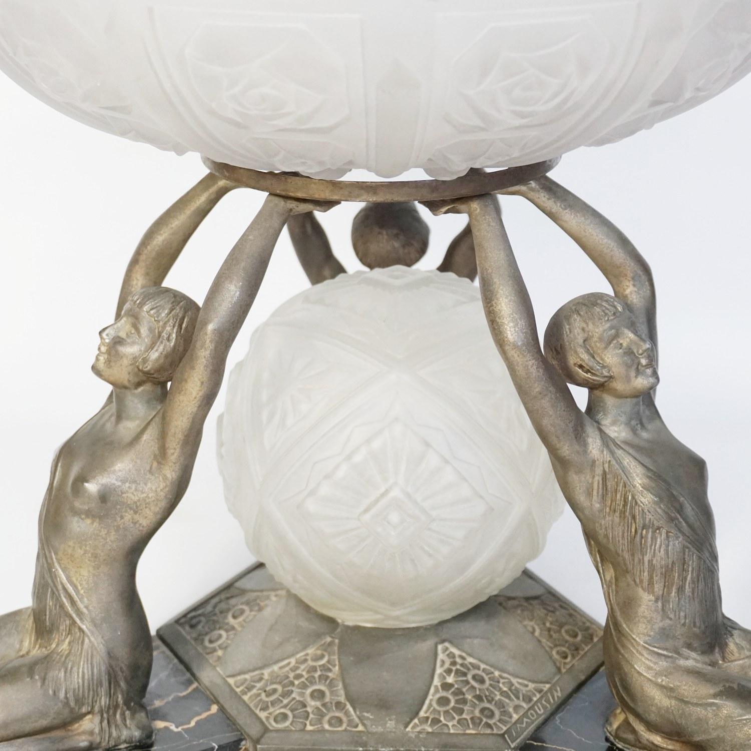 Art Deco Centrepiece by Limousin, Moulded Glass and Spelter French, circa 1930 1