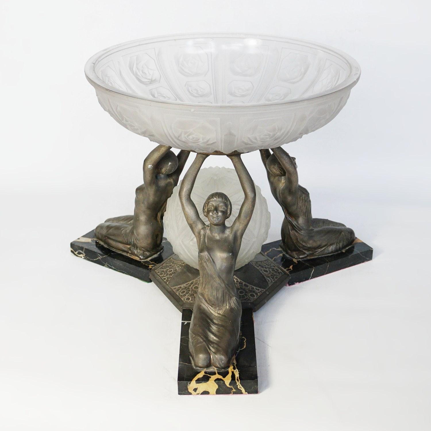 Art Deco Centrepiece by Limousin, Moulded Glass and Spelter French, circa 1930 3