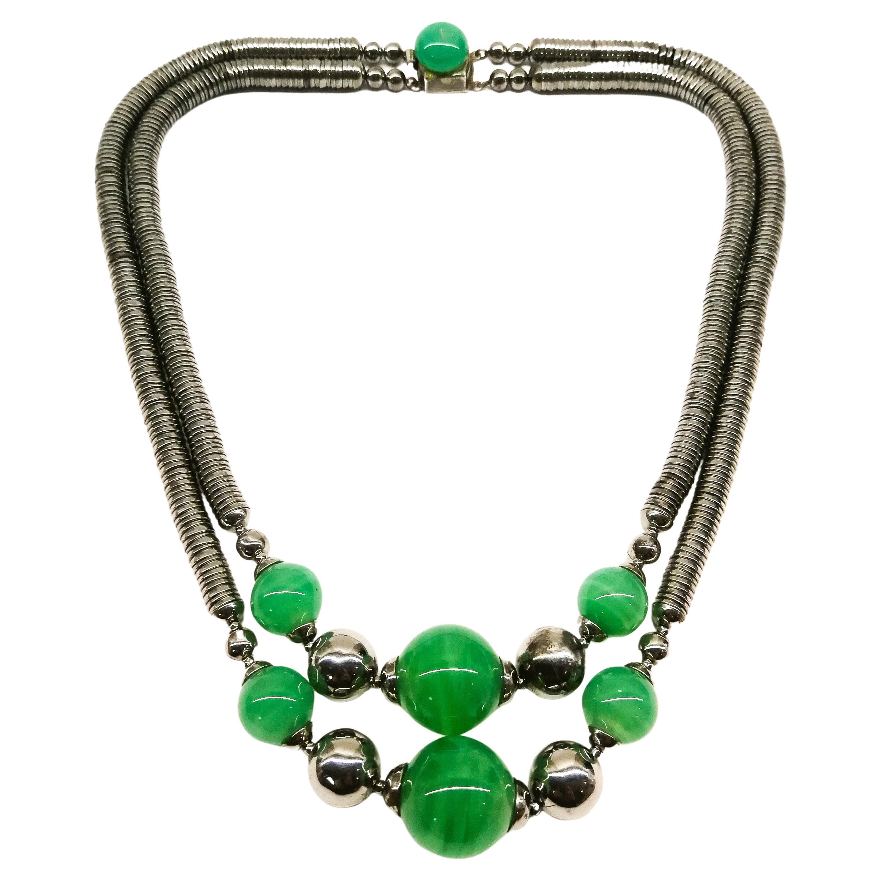 An Art Deco chrome and glass two row necklace, French, 1930s