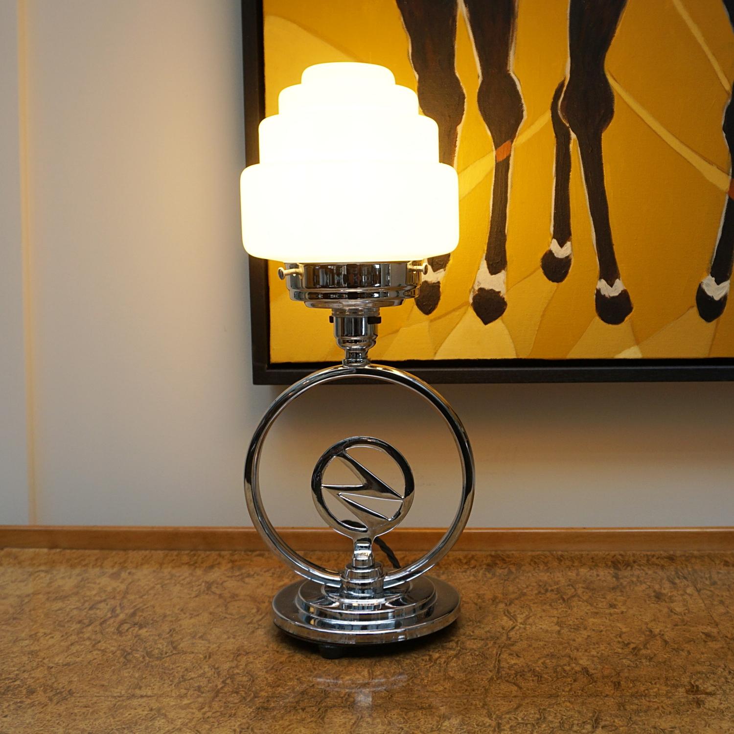 An Art Deco Chromed Lightning Bolt Table Lamp with Glass Globe Shade For Sale 1