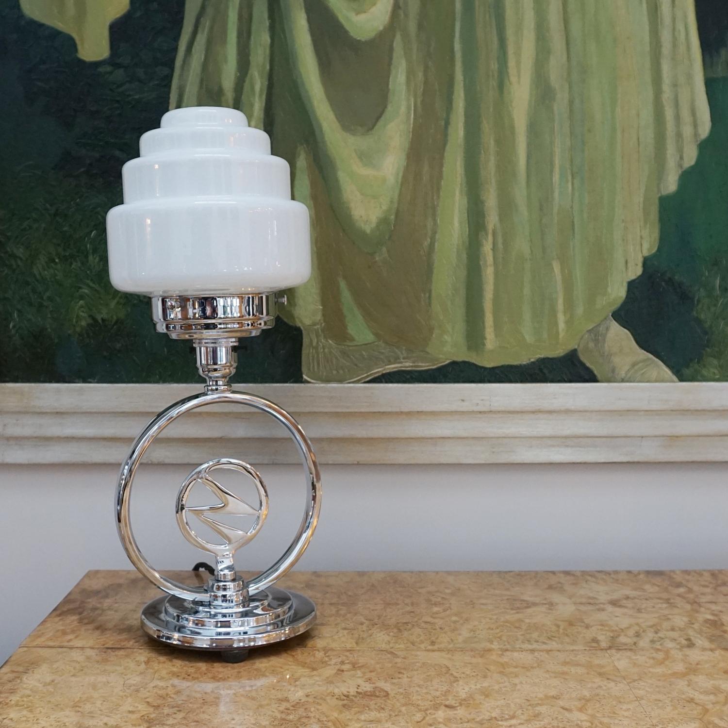 An Art Deco Chromed Lightning Bolt Table Lamp with Glass Globe Shade For Sale 2