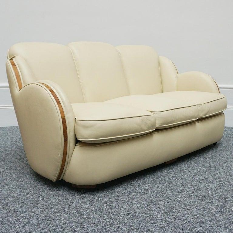 Art Deco Cloud Sofa Cream Leather and Walnut, Circa 1930 3