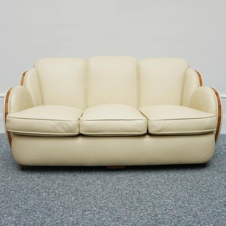 Art Deco Cloud Sofa Cream Leather and Walnut, Circa 1930 4