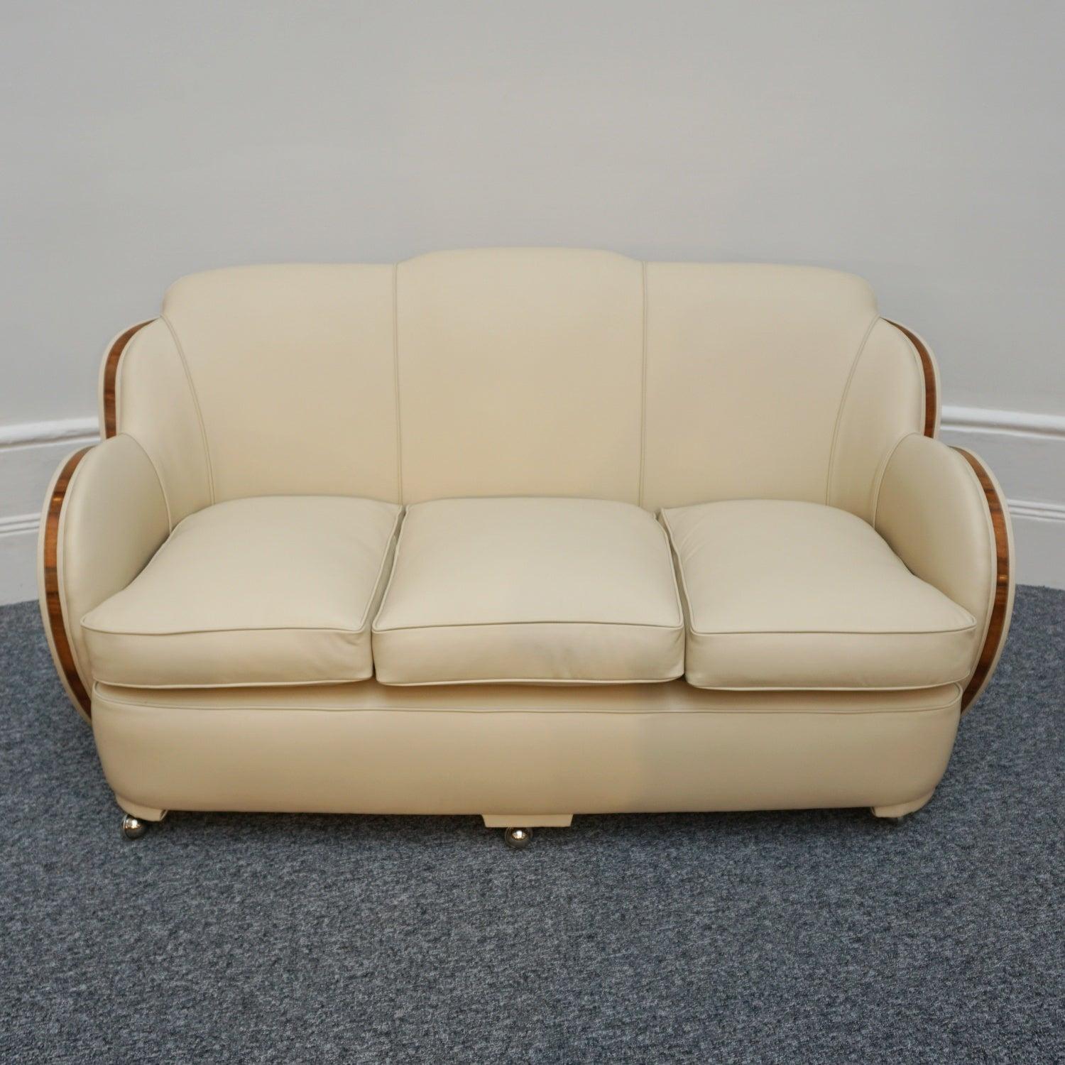 Art Deco Cloud Sofa Re-Upholstered in Cream Leather with Walnut Banding 6