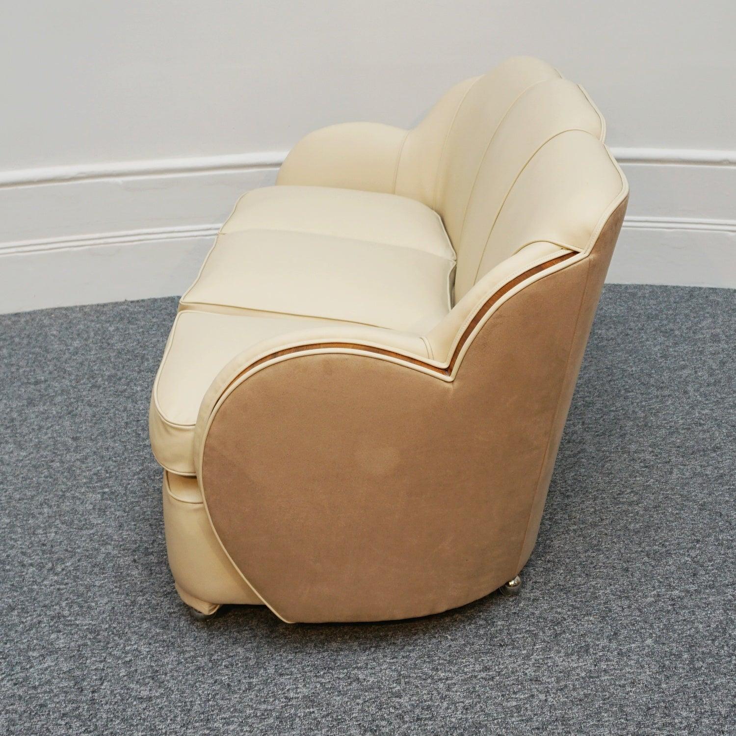 Art Deco Cloud Sofa Re-Upholstered in Cream Leather with Walnut Banding 7