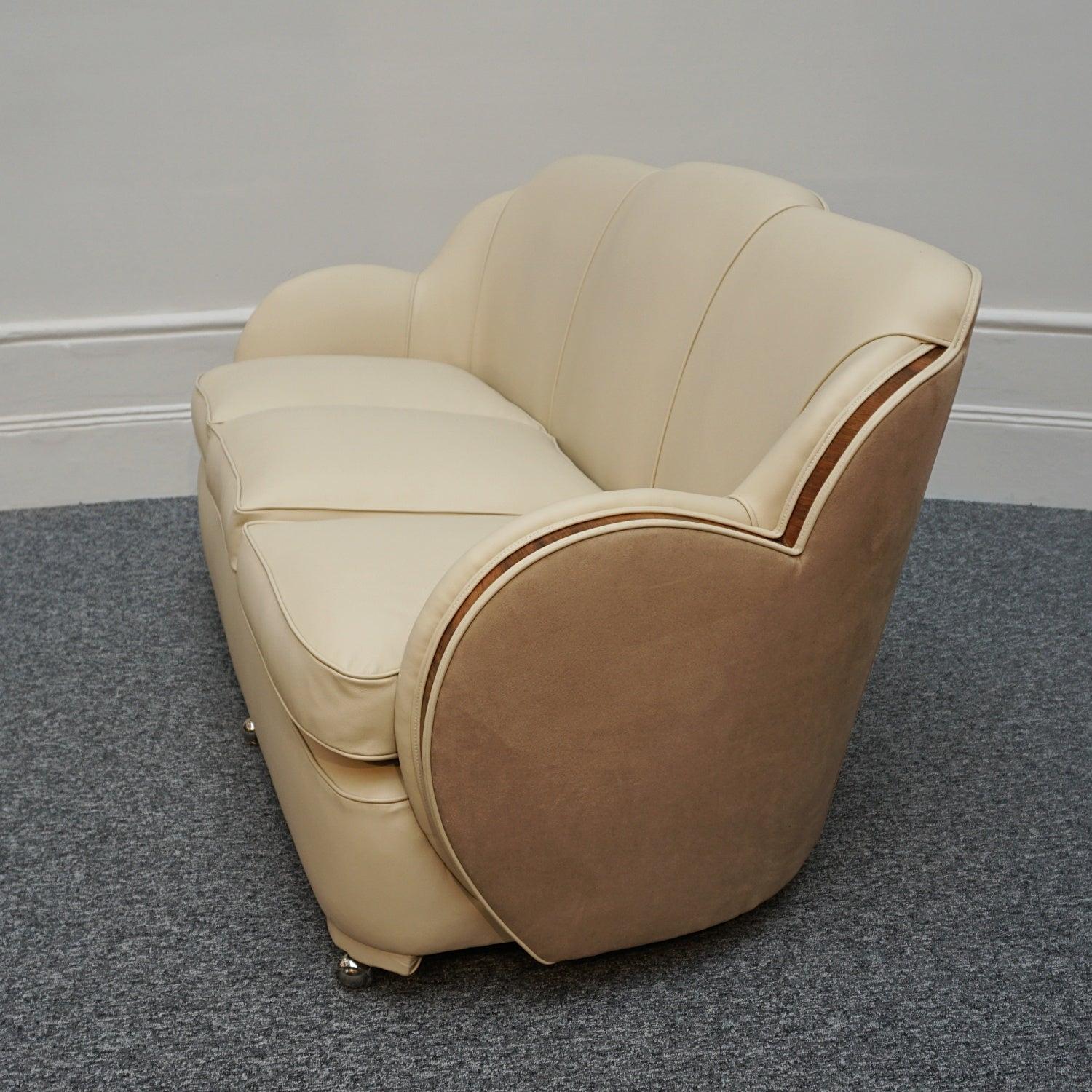 Art Deco Cloud Sofa Re-Upholstered in Cream Leather with Walnut Banding 2