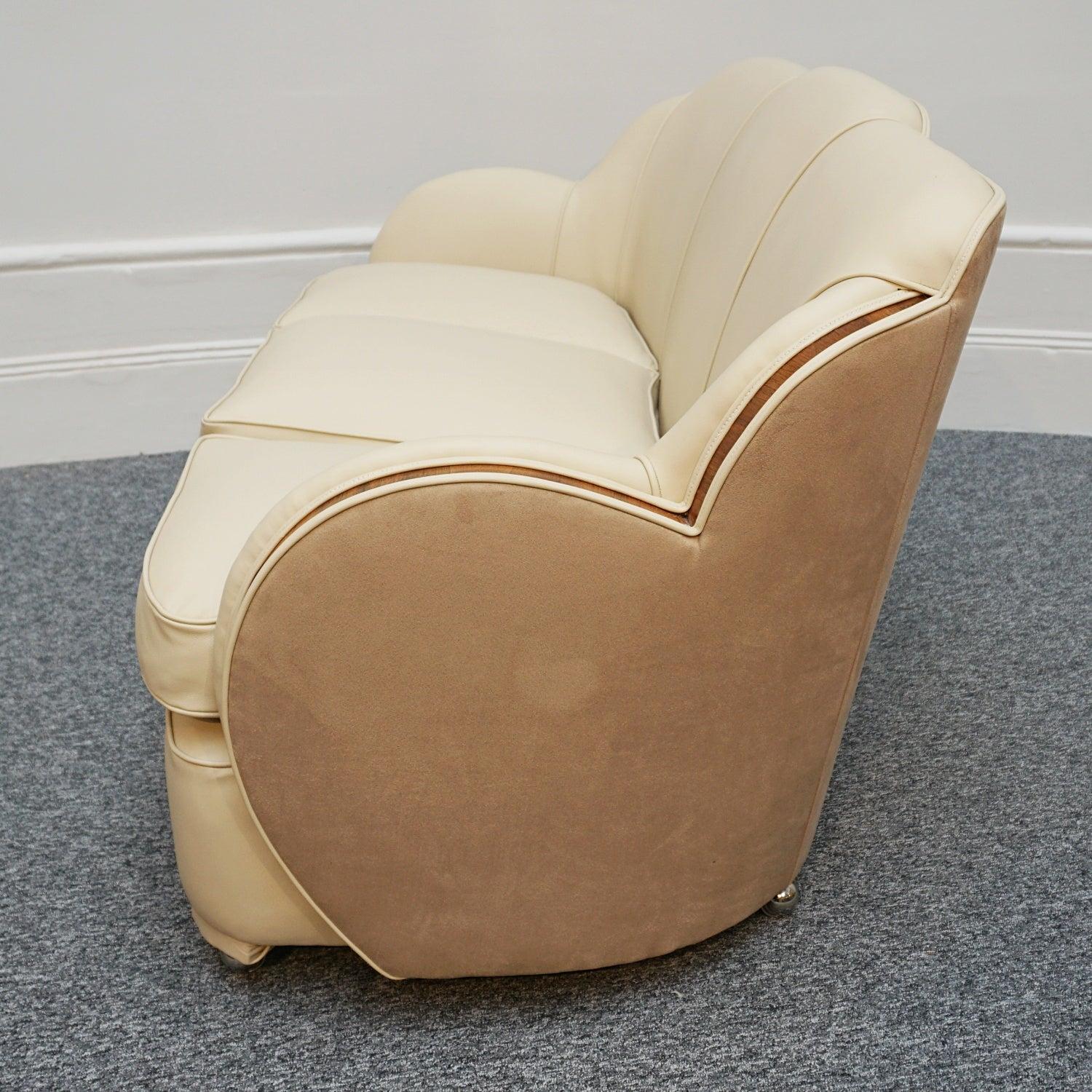 Art Deco Cloud Sofa Re-Upholstered in Cream Leather with Walnut Banding 4