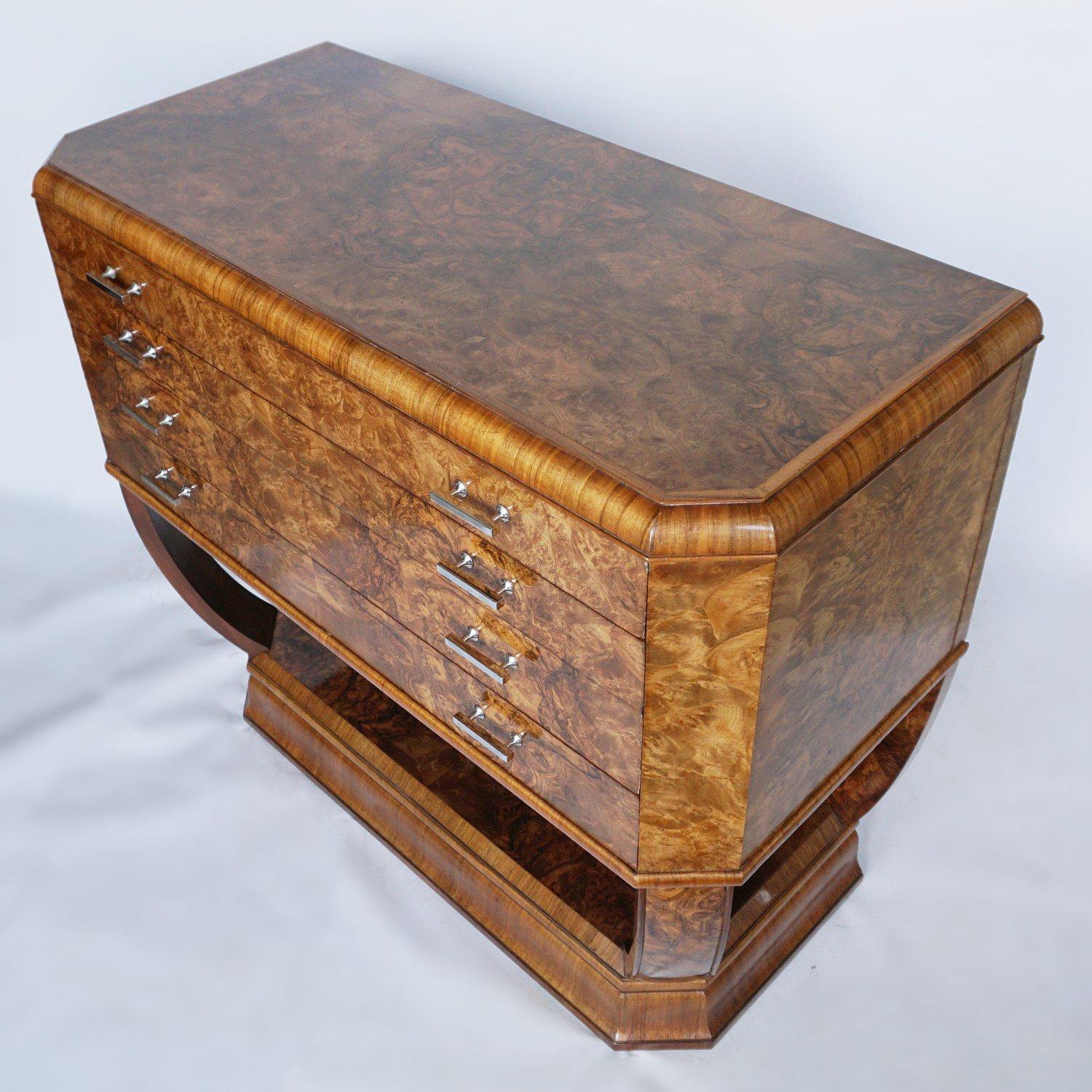 Metal Art Deco Console Sideboard Burr Walnut English, Circa 1930