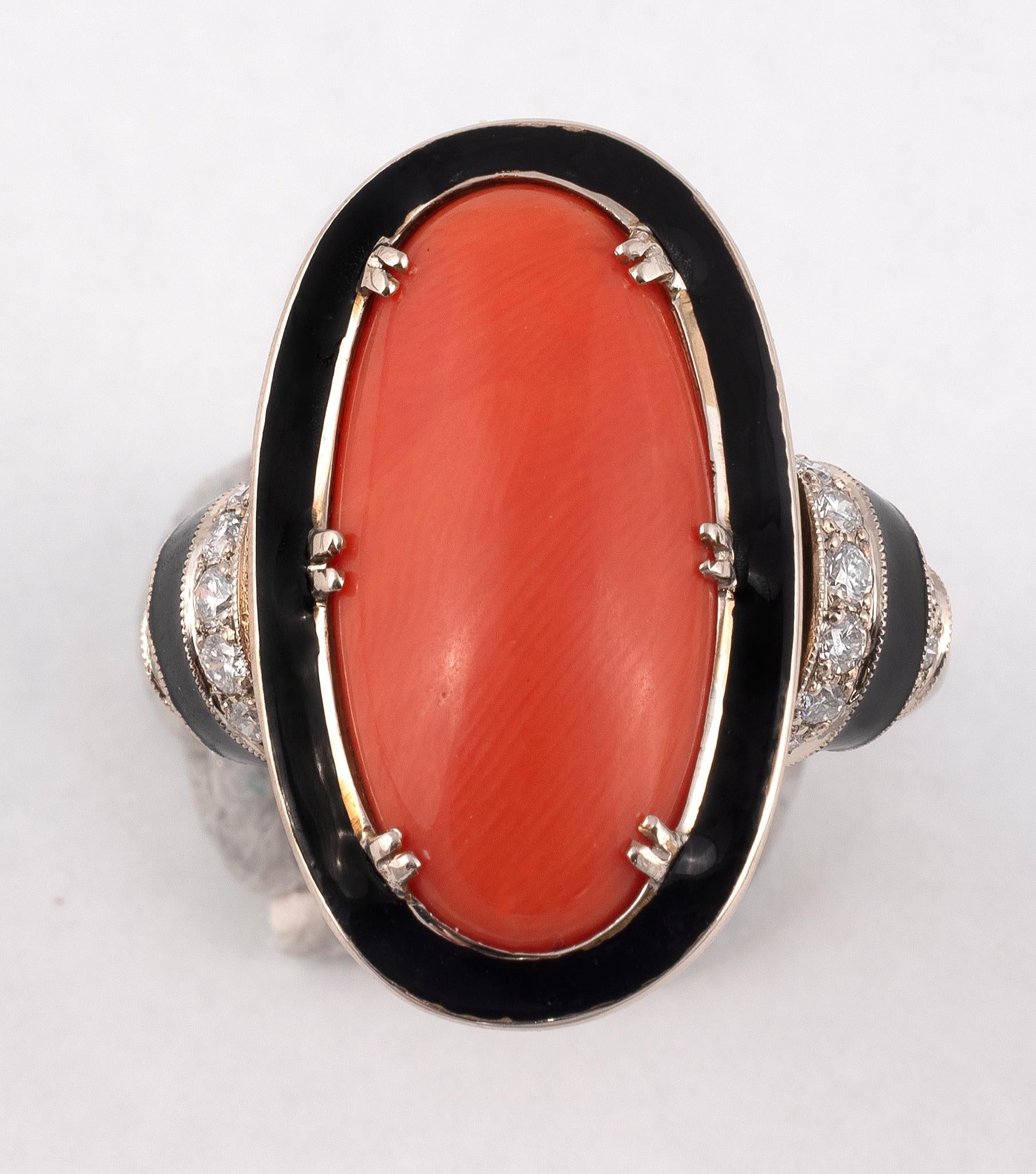 Brilliant Cut Art Deco Enamel Red Coral And Diamond Ring For Sale