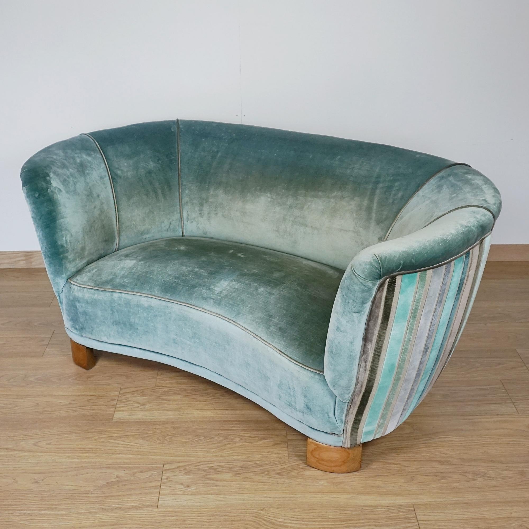 Danish An Art Deco Curved Sofa Upholstered in Velvet