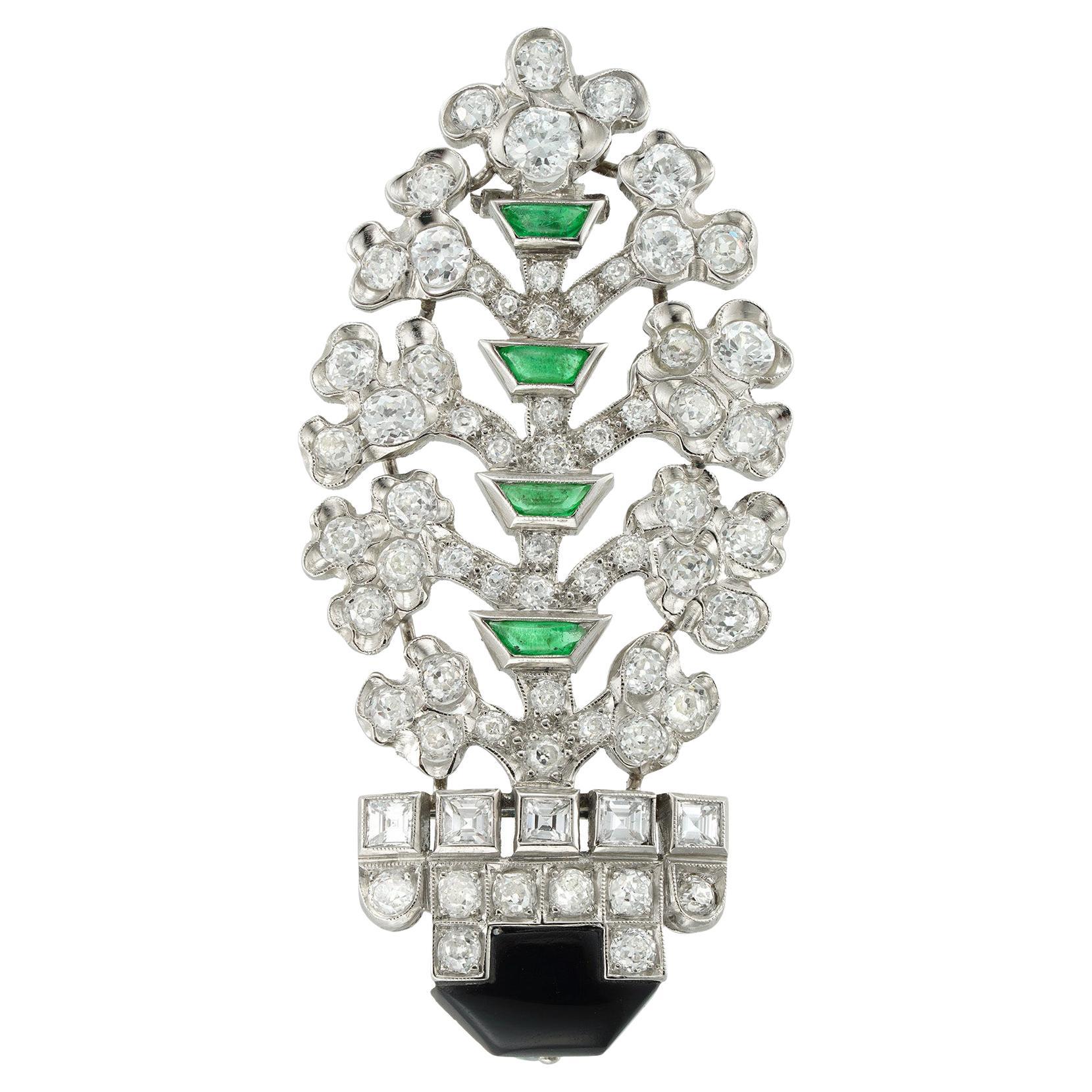 An Art Deco Diamond, Onyx And Emerald Giardinetto Brooch For Sale