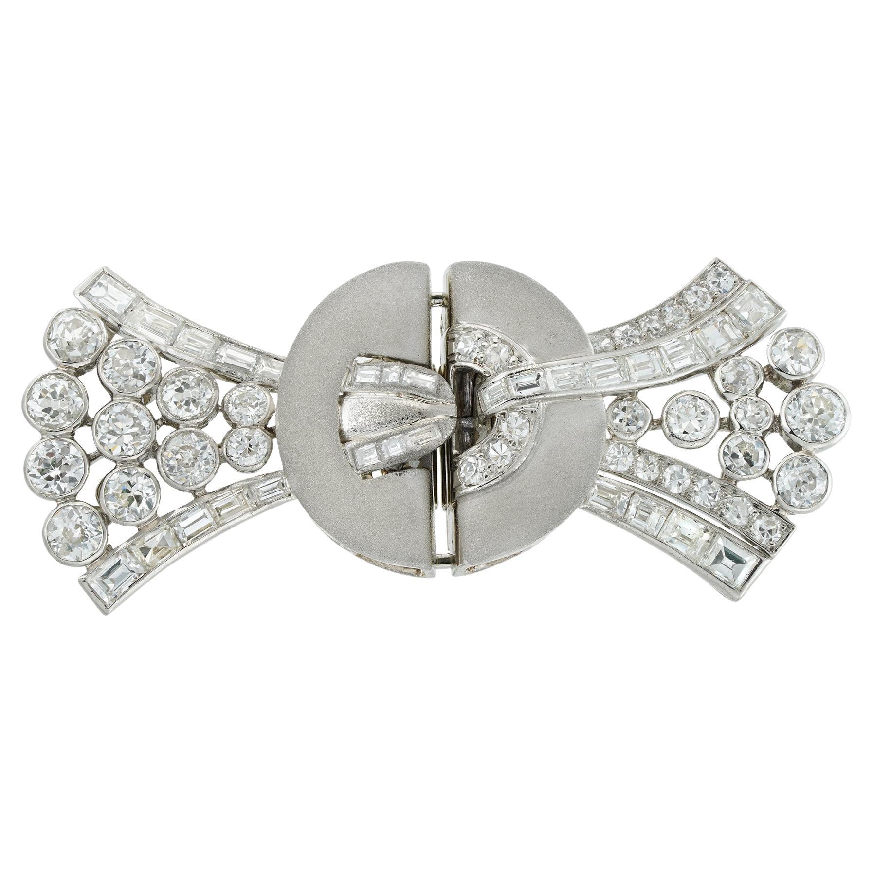 Art Deco Diamond-Set Double-Clip Brooch For Sale