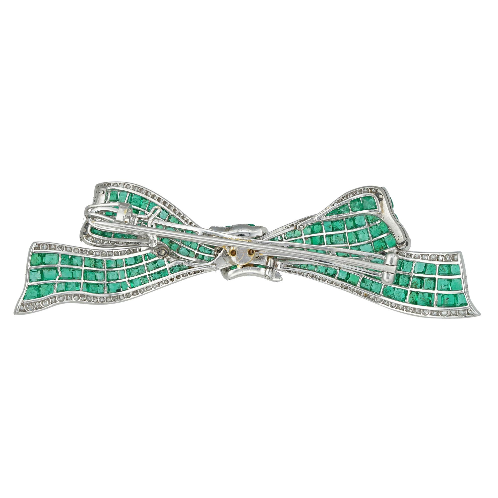 Square Cut Art Deco Emerald and Diamond Bow Brooch