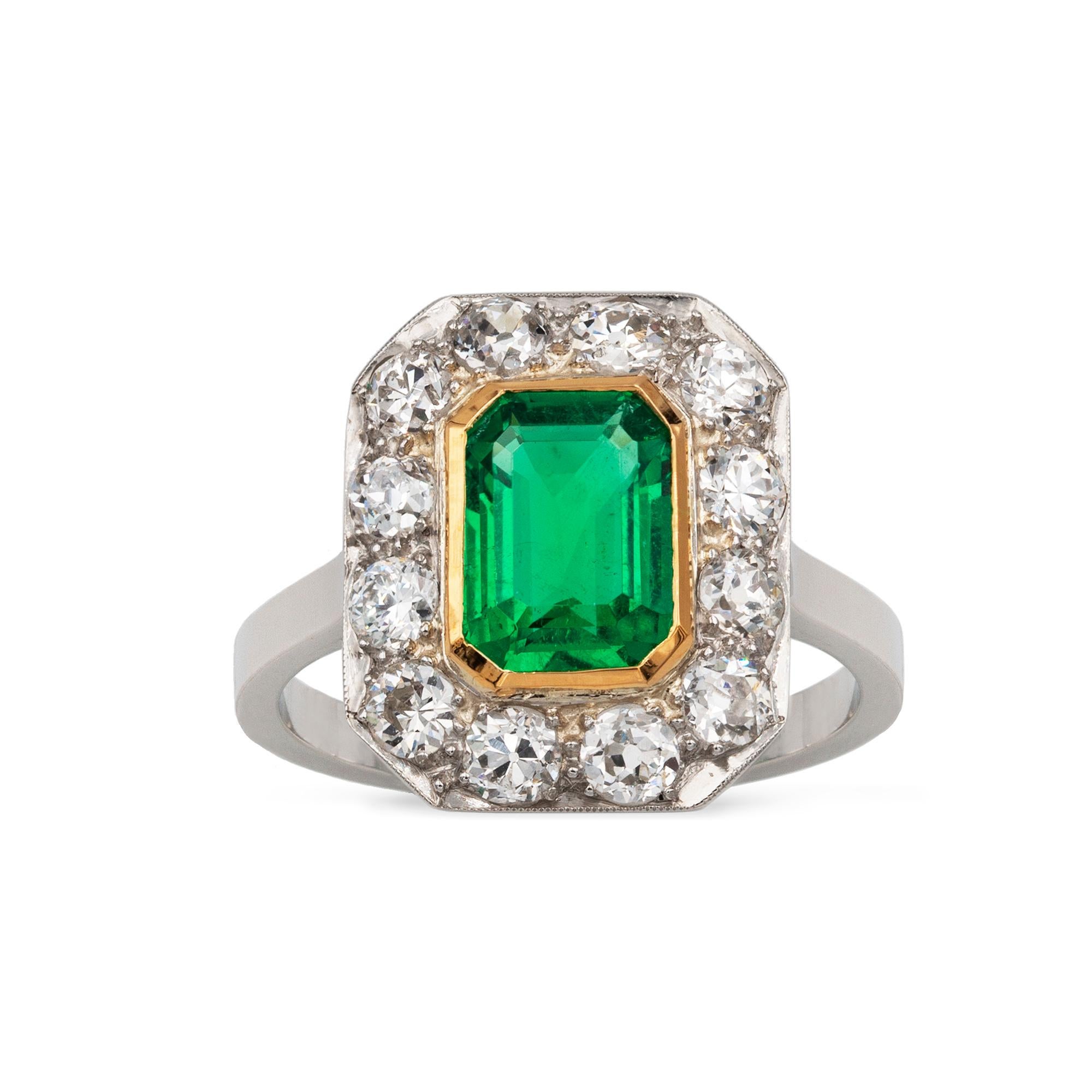 Emerald Cut Art Deco GCS Certified 1.22 Carat Columbian Emerald and Diamond Cluster Ring