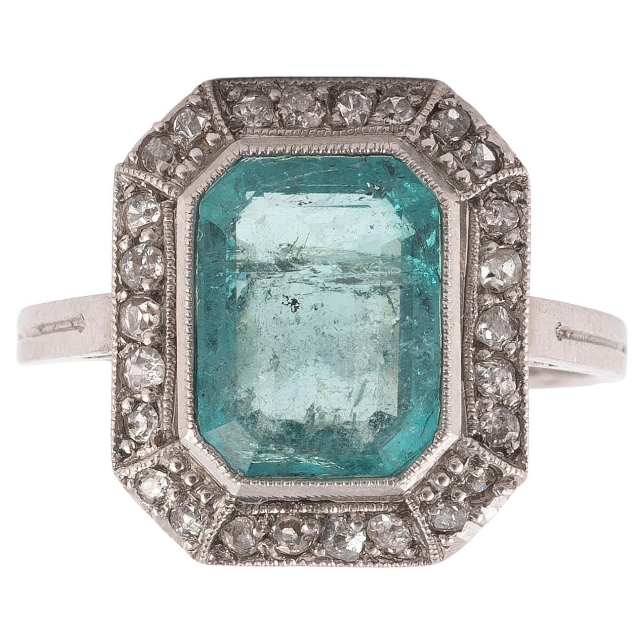Emerald Cut Art Deco Emerald and Diamond Plaque Ring, circa 1930