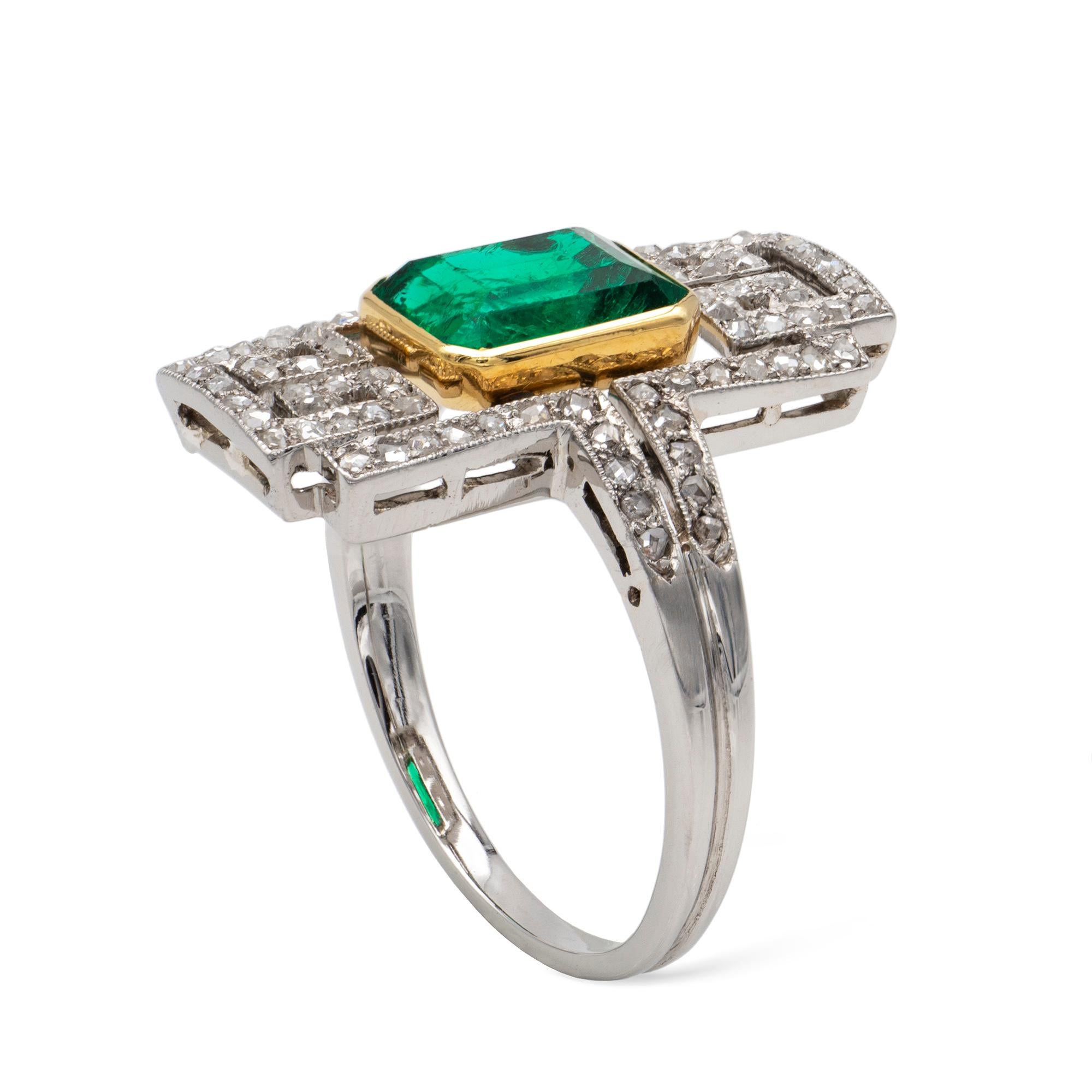 Emerald Cut Art Deco Emerald and Diamond Plaque Ring For Sale