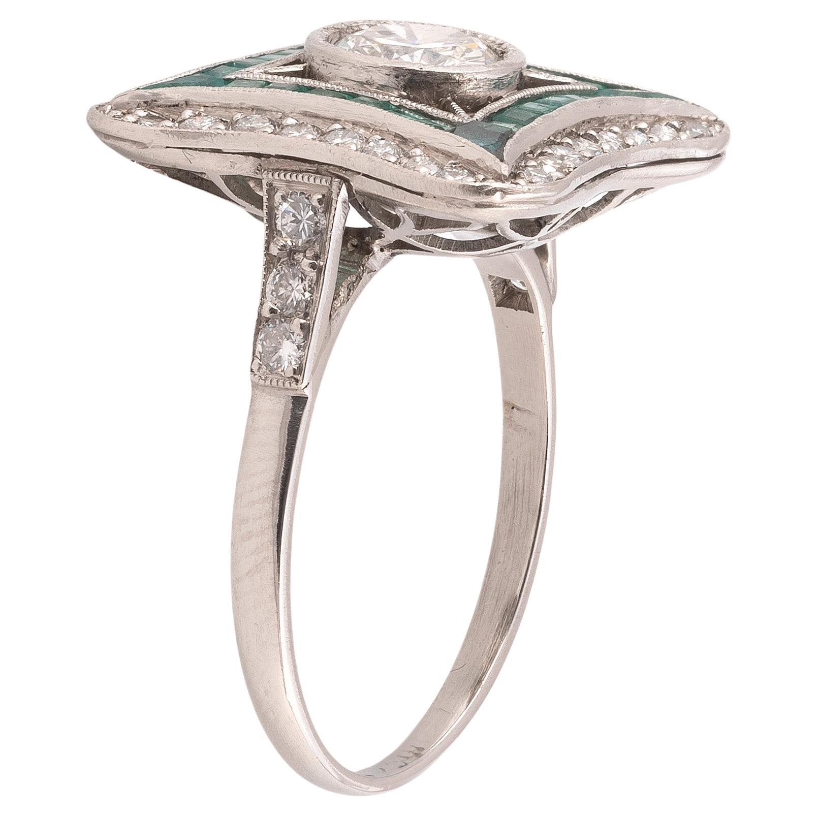 Old European Cut Art Deco Emerald and Diamond Ring circa 1925