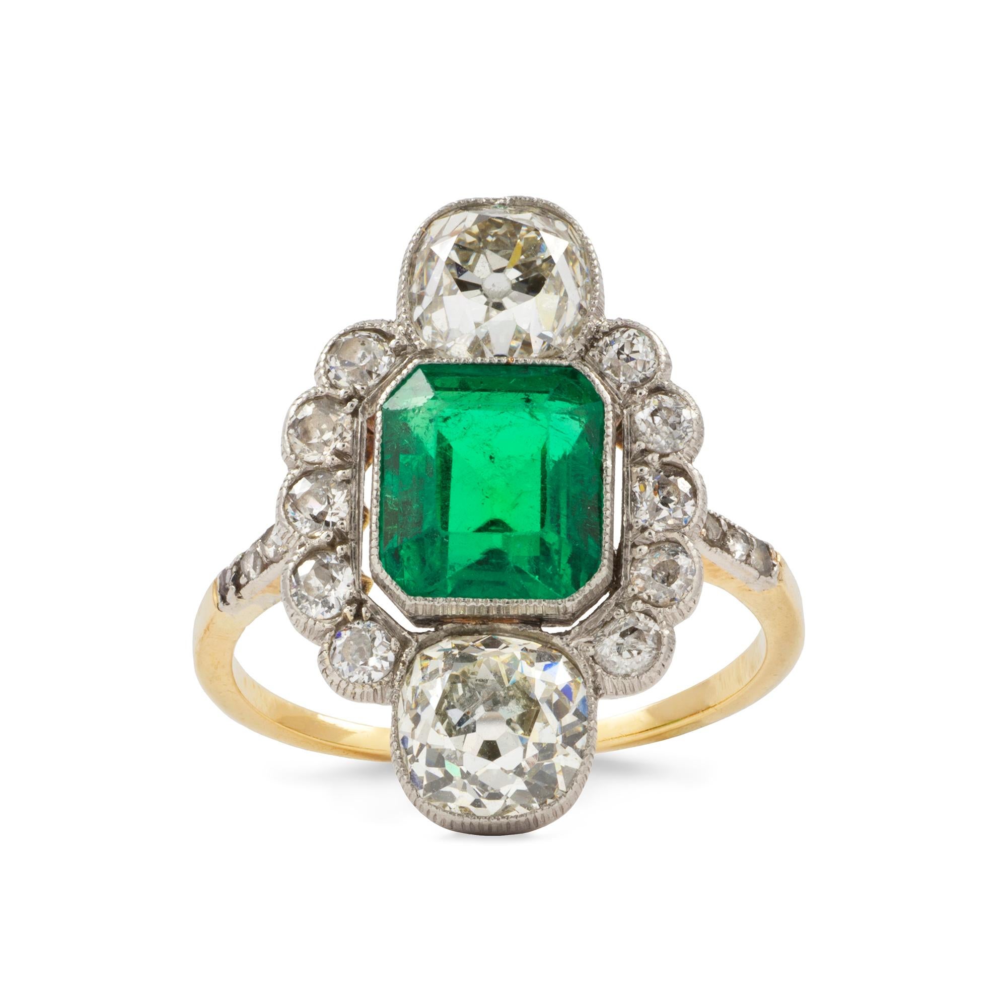 Emerald Cut Art Deco Emerald and Diamond Ring For Sale