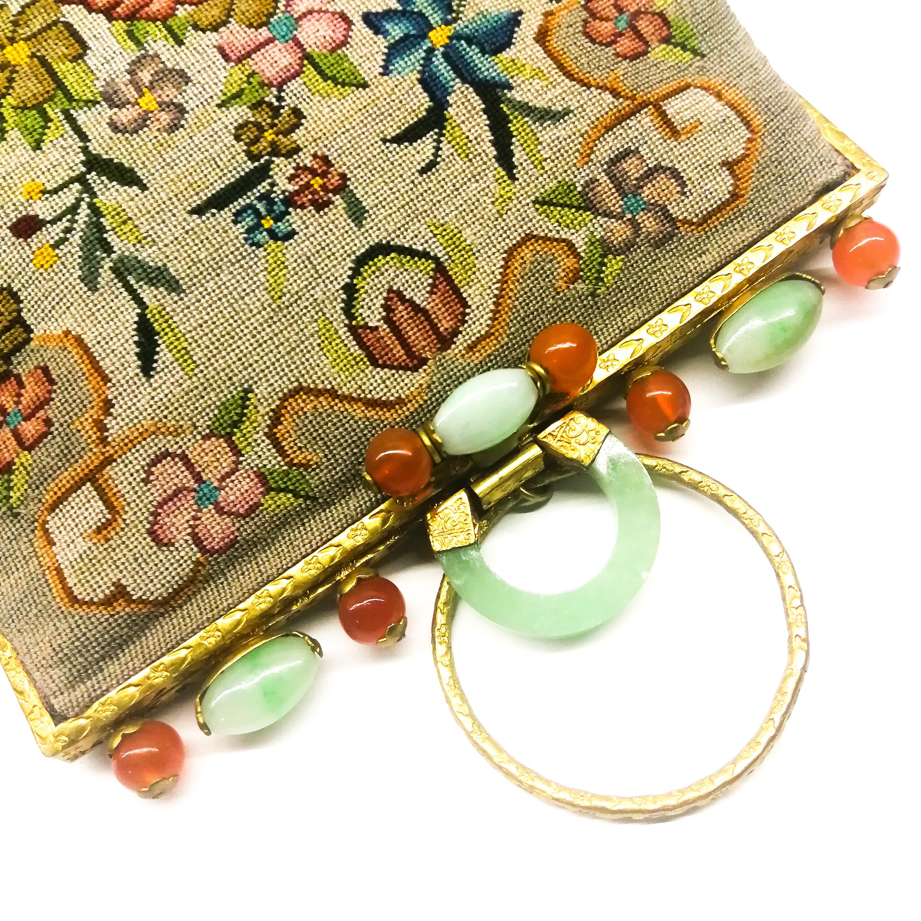 Brown An Art Deco exquisite jade and cornelian stone frame petitpoint handbag, 1920s.