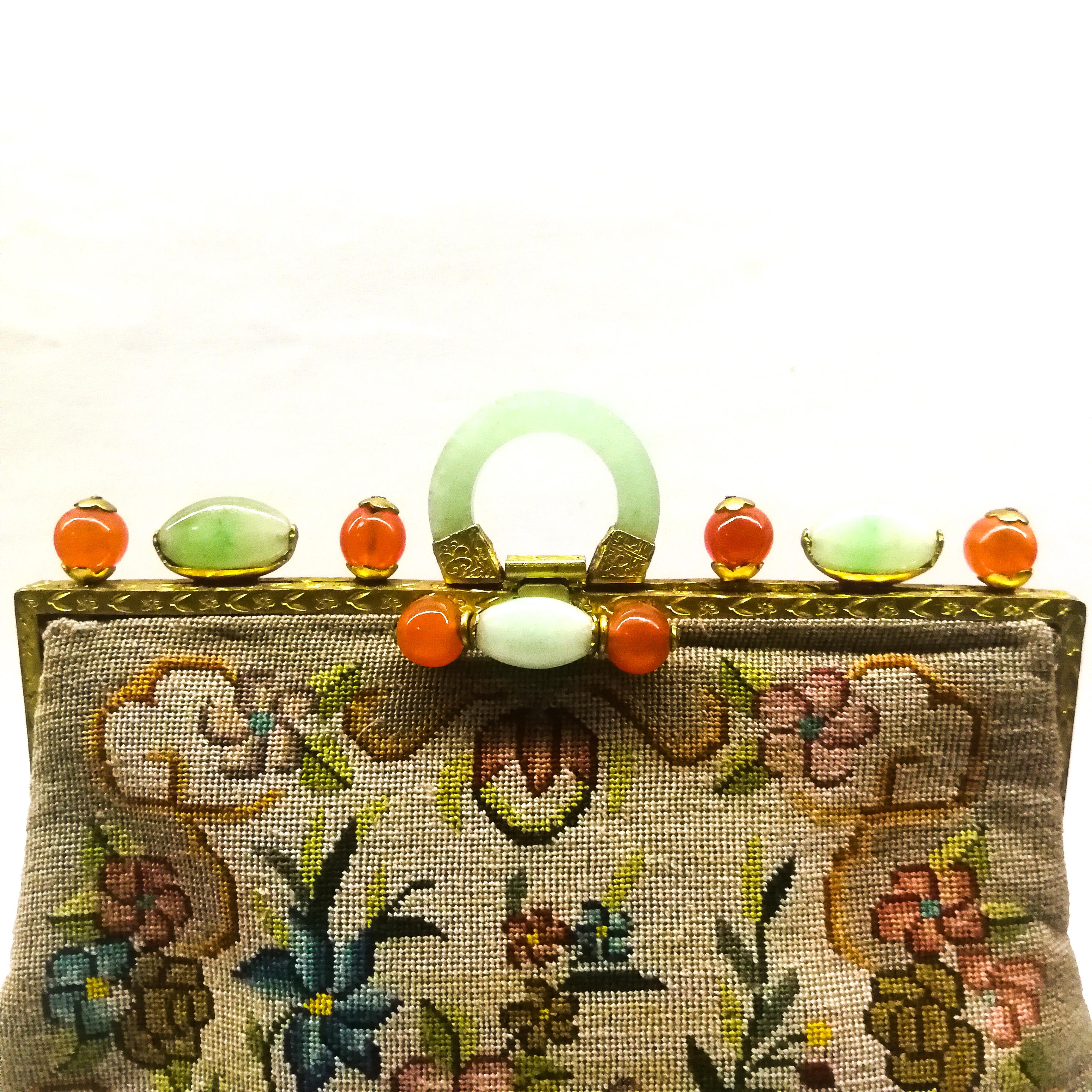 Women's An Art Deco exquisite jade and cornelian stone frame petitpoint handbag, 1920s.