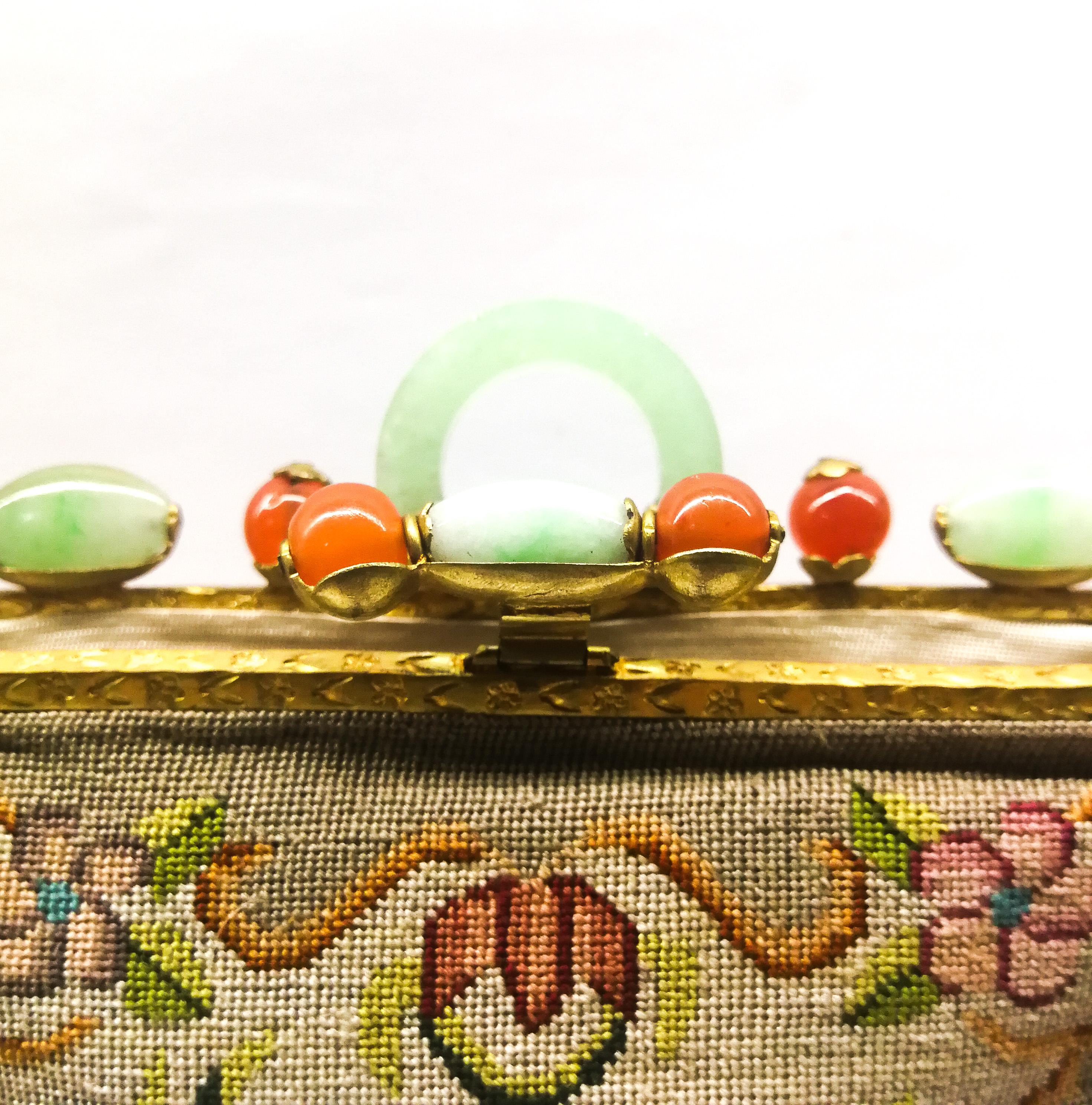 An Art Deco exquisite jade and cornelian stone frame petitpoint handbag, 1920s. 1