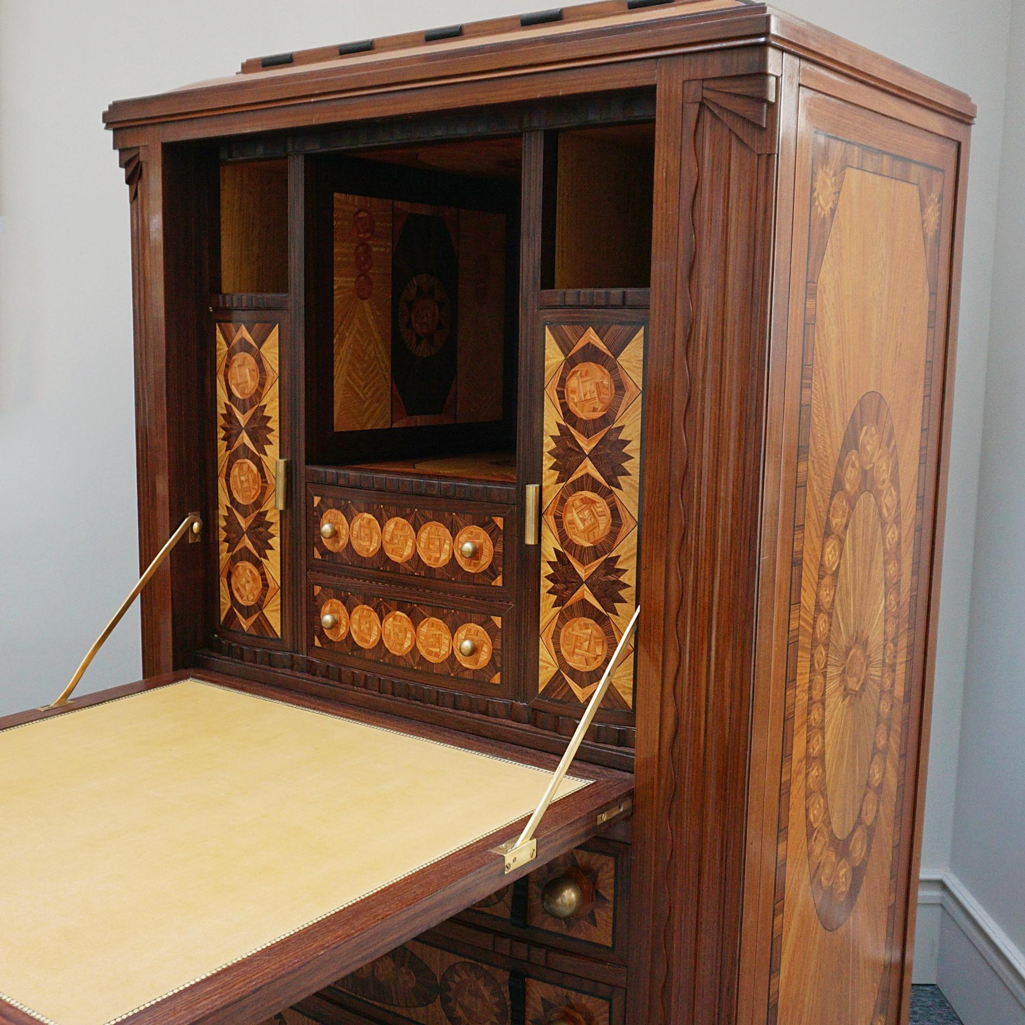 Secretaire Art Déco con intarsi in legno di raso ed ebano Macassar in vendita 8